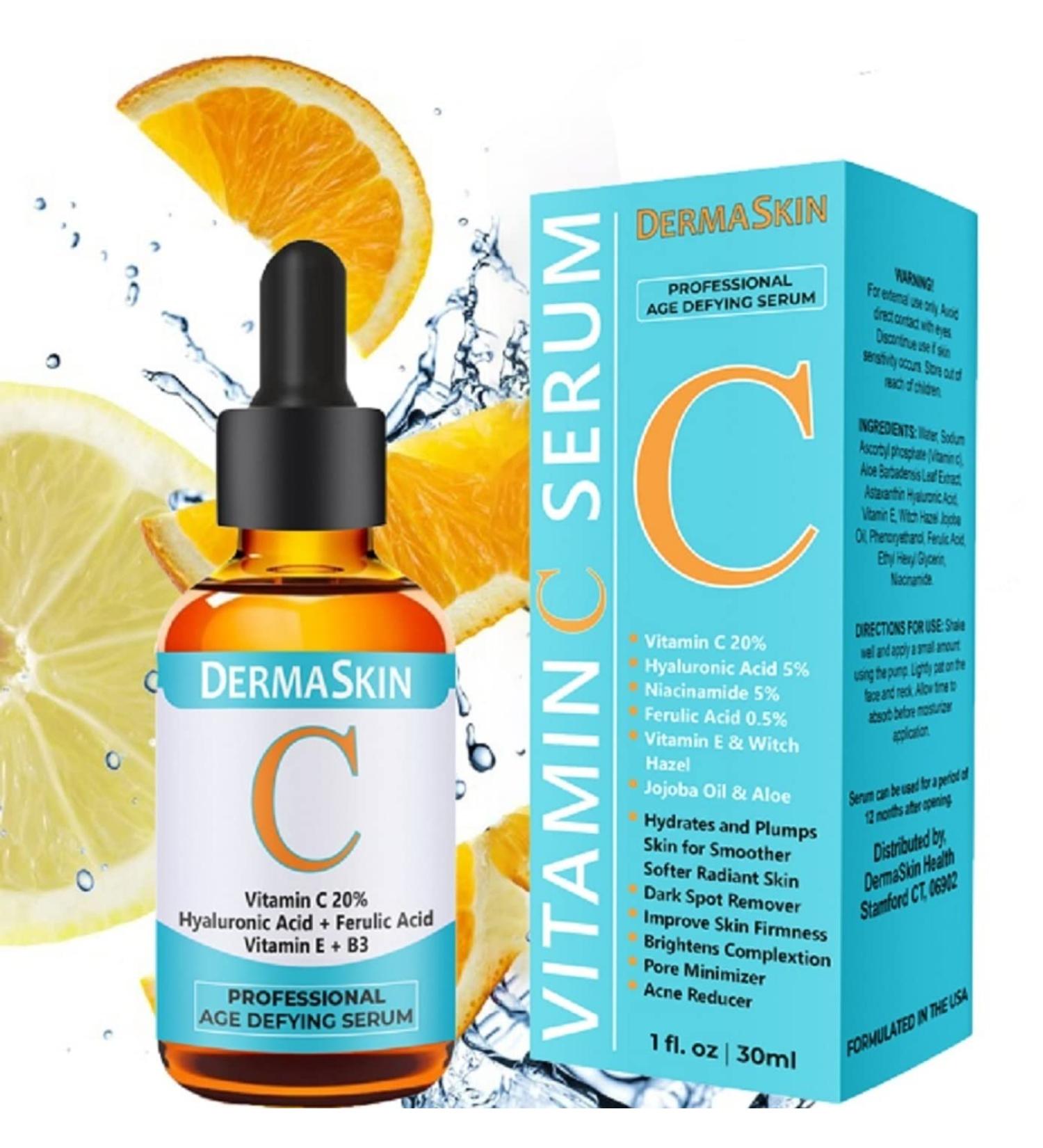 DermaSkin Vitamin C Serum with Hyaluronic Acid & Ferulic Acid | Anti Aging, Pore Minimizer, Dark Spot Remover | 20% Vit C Facial Serum (1 OZ) - Buy Online on GoSupps.com