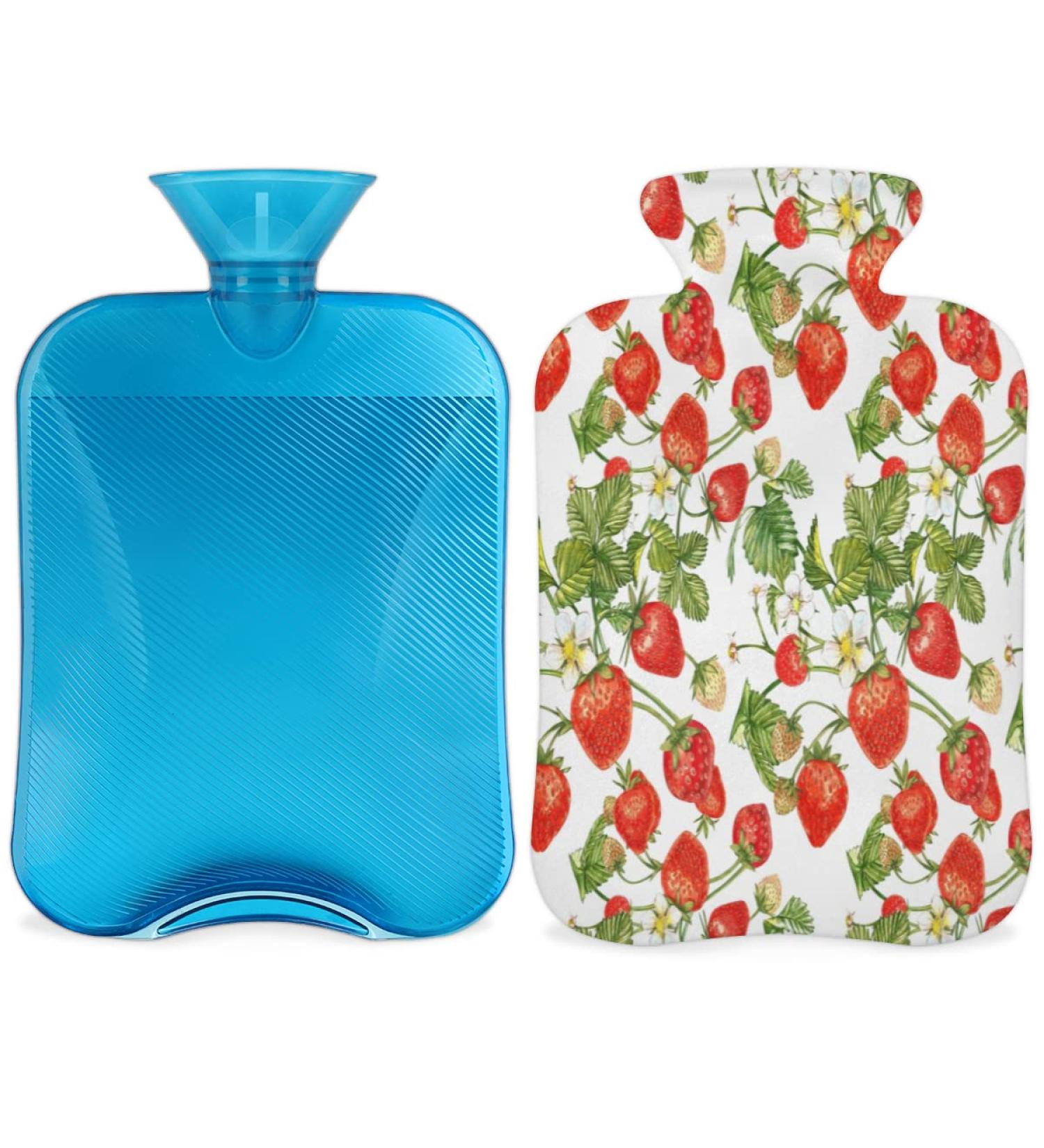 Heat Bottle with Strawberry Leaves & Fluffy Cover | 2L Tropical Water Bag for Cozy Nights & Pain Relief - Buy Online on GoSupps.com