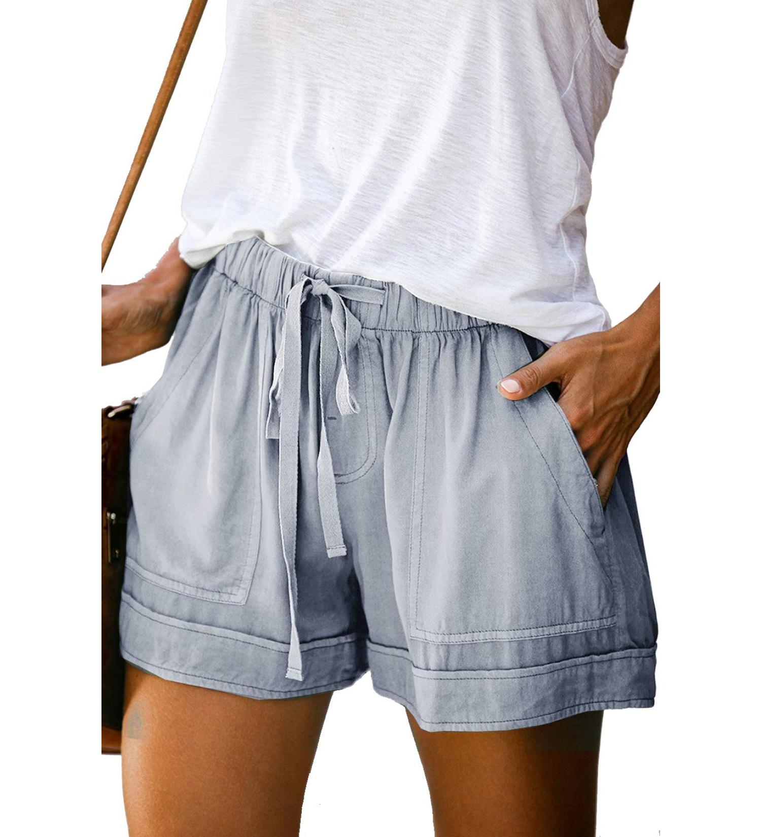 Women's Comfy Drawstring Elastic Waist Shorts | Summer Beach Lightweight Pants with Pockets - Light Blue - Buy Online on GoSupps.com