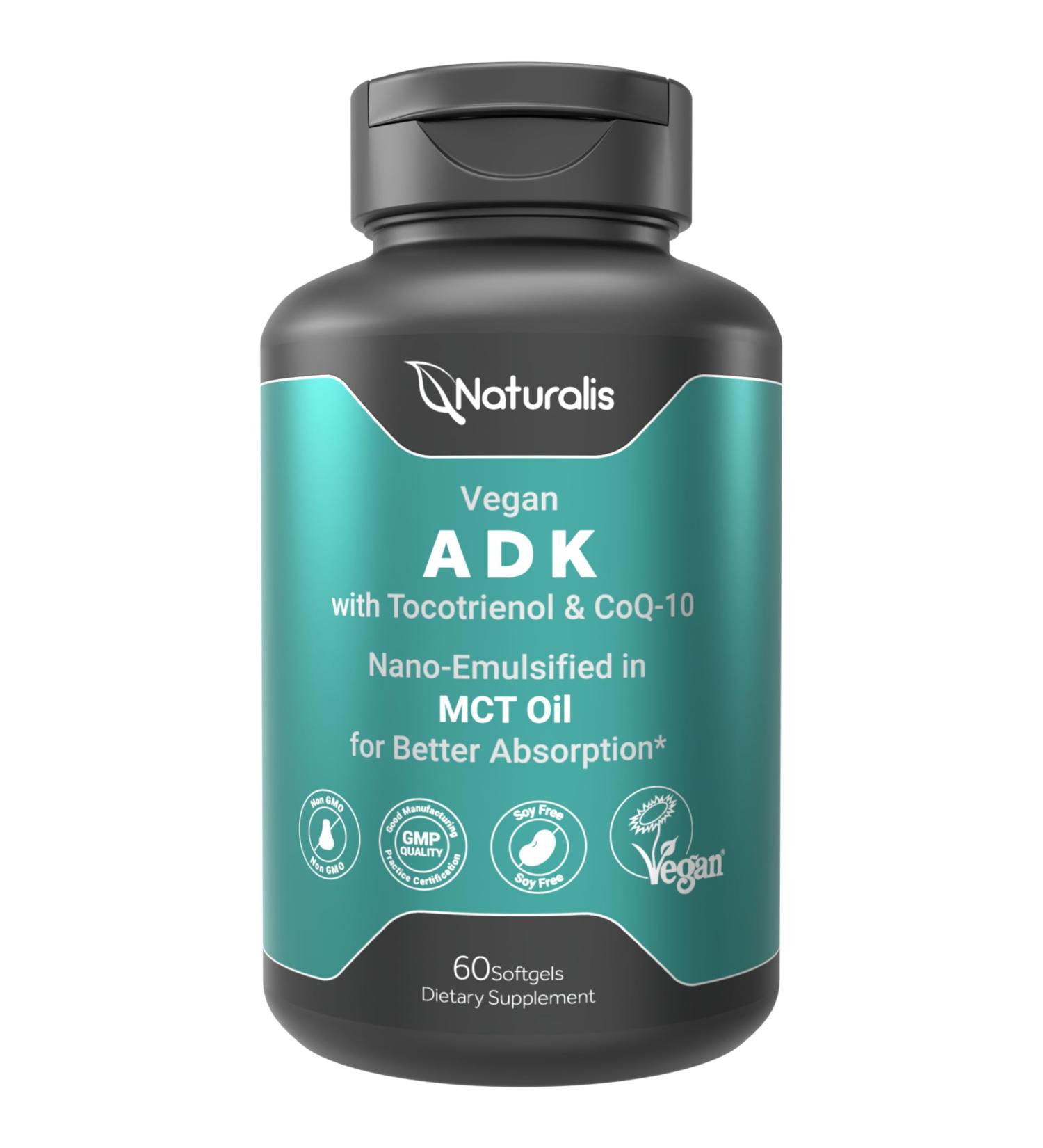 Naturalis Vegan Vitamin ADK with 50mg Tocotrienol and CoQ-10 | Nano-Emulsified in EVOO for Better Absoprtion | Non-GMO Soy Free and Vegan Society Certified | 60 Veggie Softgels (Carrageenan Free) 60 Count (Pack of 1) - Buy Online on GoSupps.com