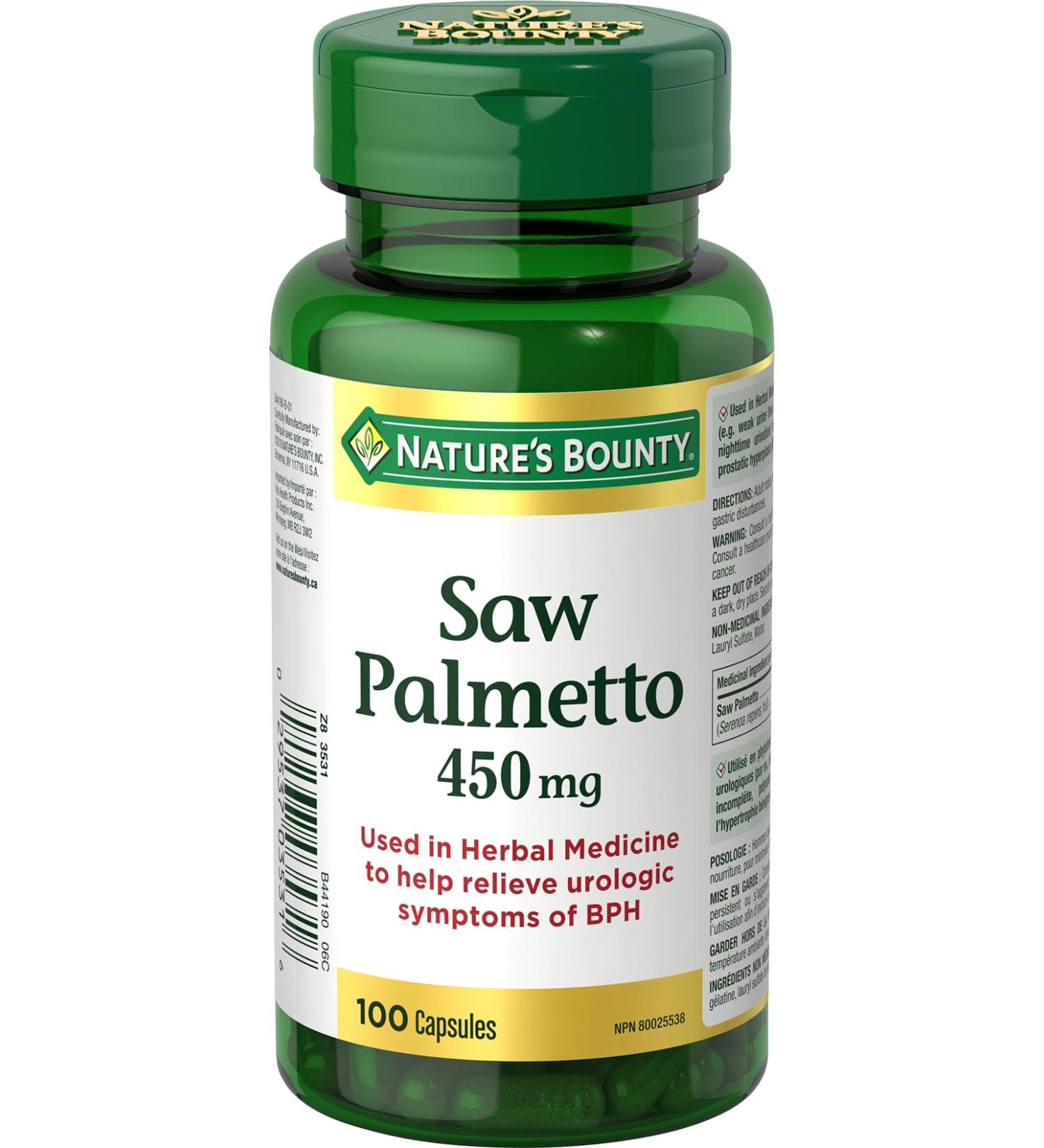 Nature's Bounty Saw Palmetto Pills and Herbal Health Supplement Helps Relieve Urologic Symptoms 450mg 100 Capsules Multi-colored - Buy Online on GoSupps.com