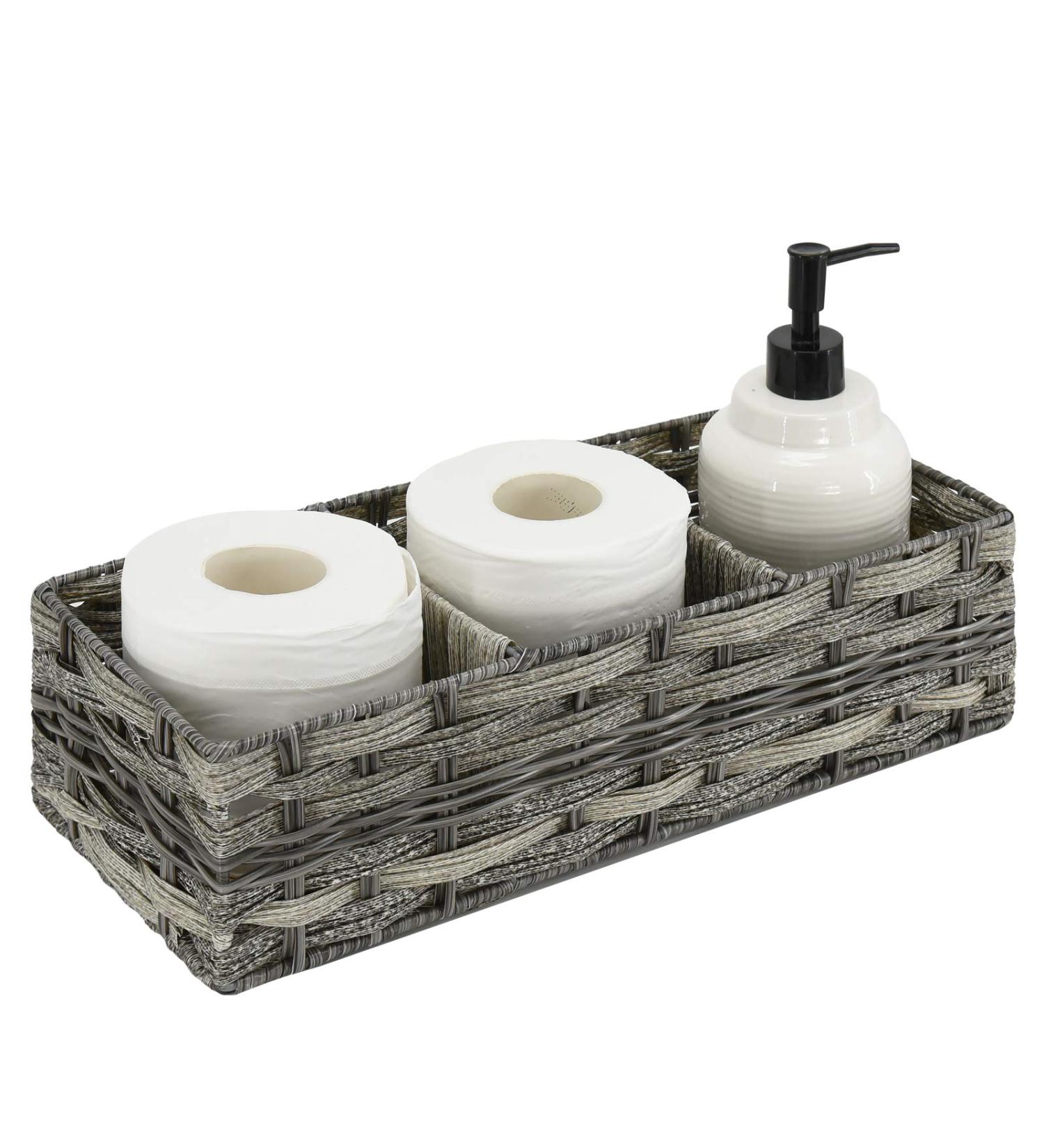 Rustic Farmhouse Toilet Paper Storage Basket with 3 Section Holder - Grey Bathroom Organizer - Buy Online on GoSupps.com
