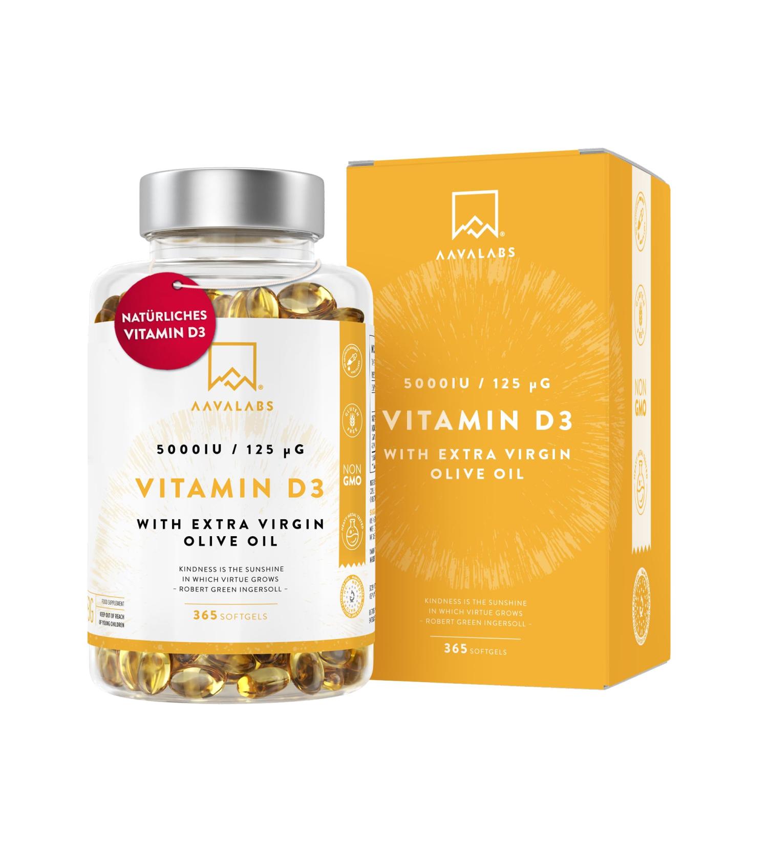 Buy High Dose Vitamin D3 5000 IU - 365 Capsules with Cold-Pressed Olive Oil | Non-GMO Gluten-Free Lactose-Free for Optimal Absorption - Buy Online on GoSupps.com