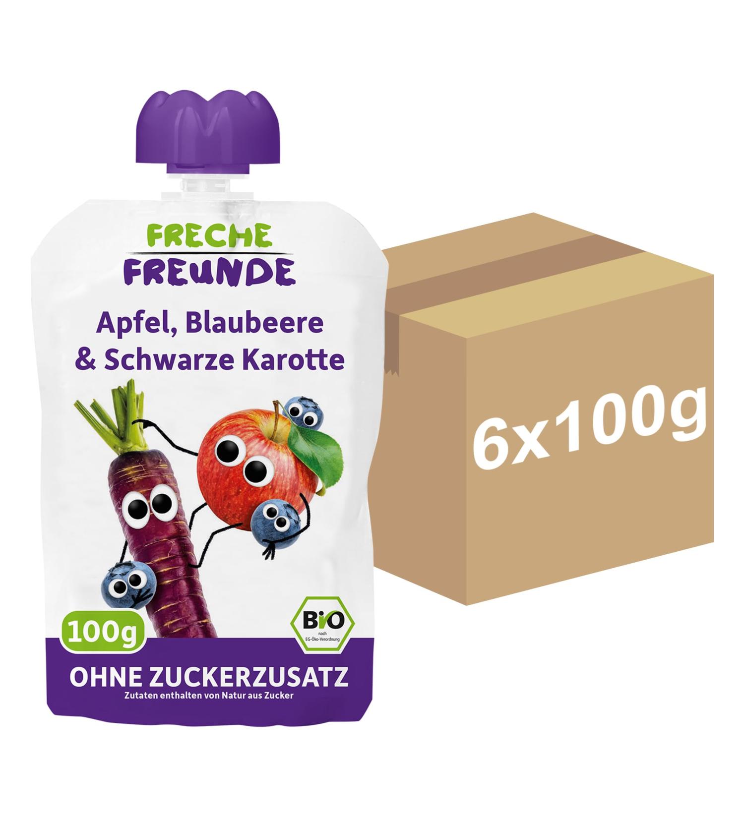 Cheeky friends Bio Quetschie apple blueberry and black carrot fruit muse with vegetables in a squeeze bag for babies from 1 year gluten-free & vegan 6- Pack (6 x 100 g)