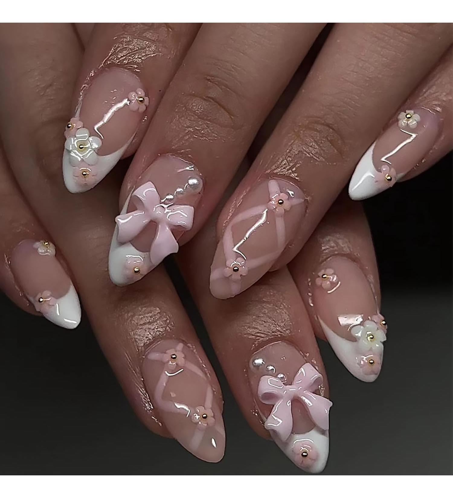 3D Pink Bow Press on Nails | Medium Almond Shape | 24 Pcs White French Tip False Nails with Flowers & Pearls | Full Cover Stick-On Acrylic Nails for Women - Buy Online on GoSupps.com