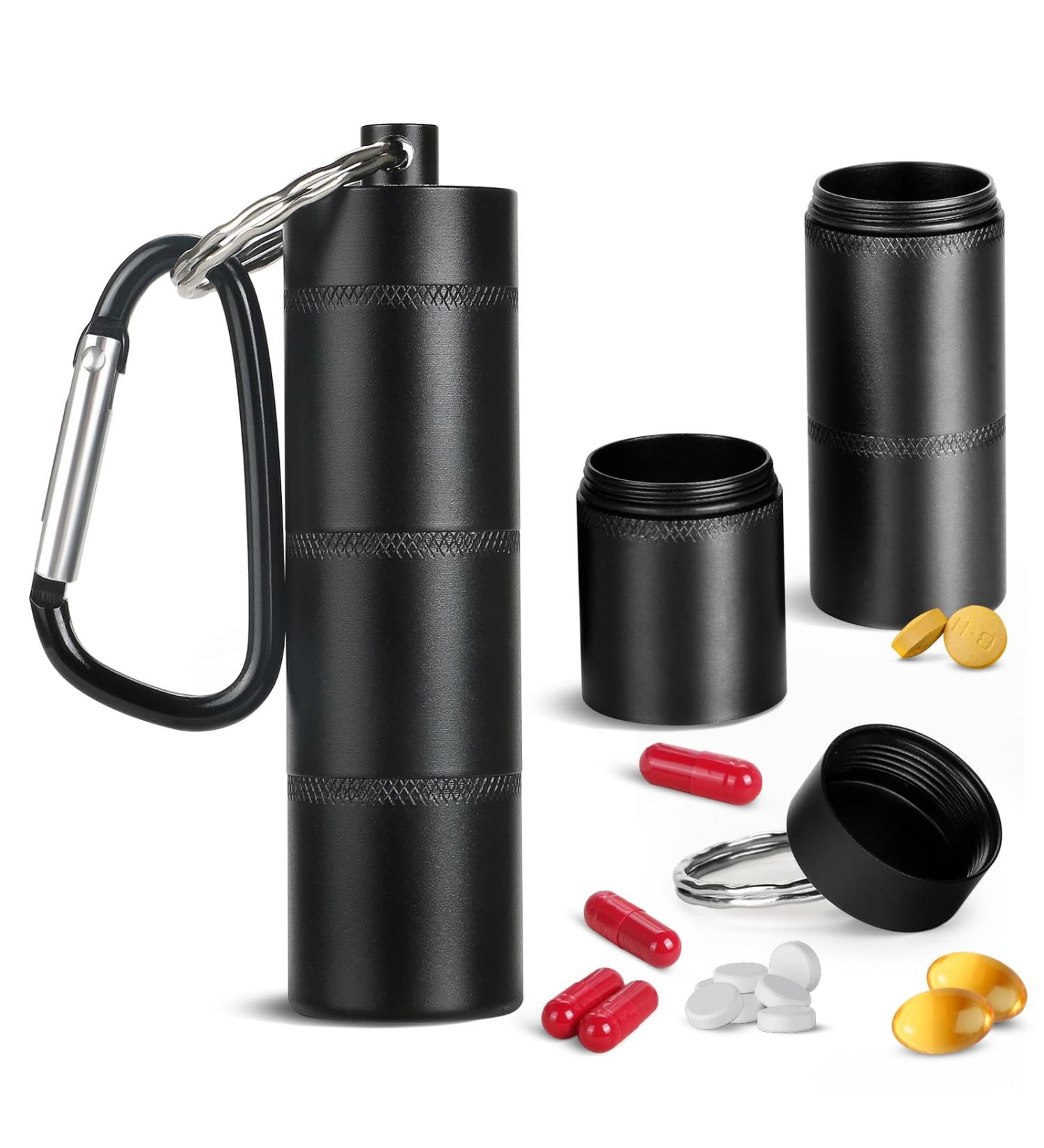 Portable Wallet Pill Organiser | Waterproof Metal Pill Box with Key Ring | 3 Compartment Travel Friendly - Black - Buy Online on GoSupps.com