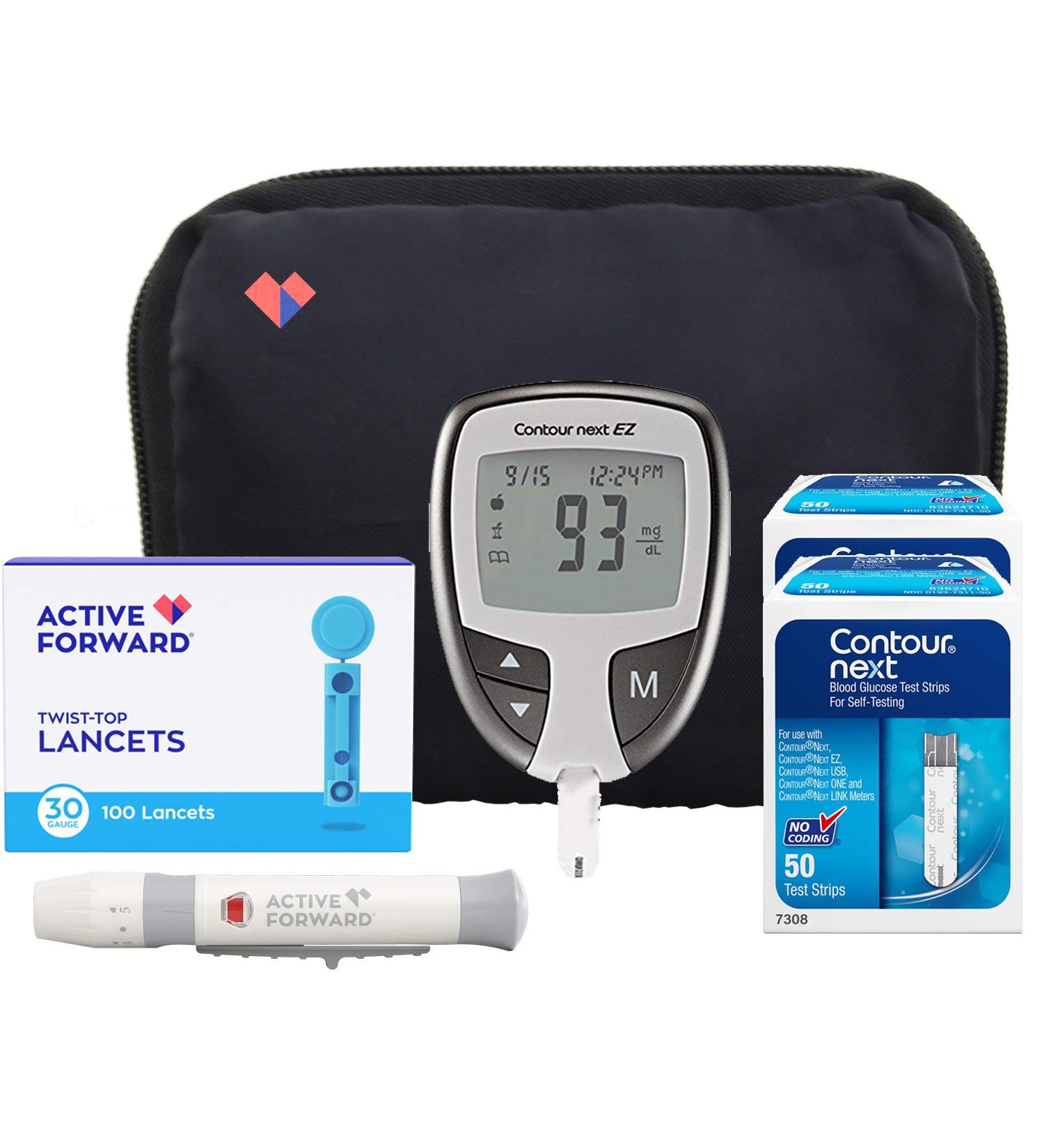Contour Next EZ Diabetes Testing Kit with Meter, Test Strips, Lancets, Lancing Device, Log Book, Manuals & Carry Case - Buy Online on GoSupps.com