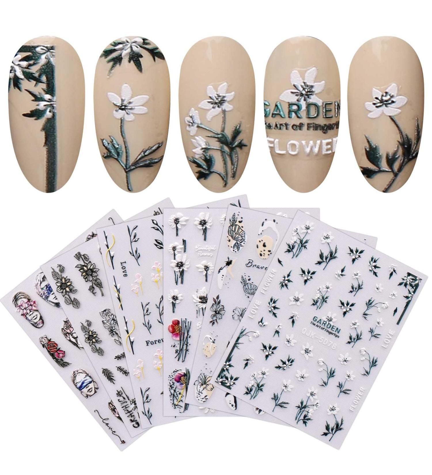 JMEOWIO 6 Sheets 3D Embossed Spring Flower Nail Art Stickers Decals Self-Adhesive 5D Colorful Summer Floral Nail Supplies Nail Art Design Decoration Accessories - Buy Online on GoSupps.com