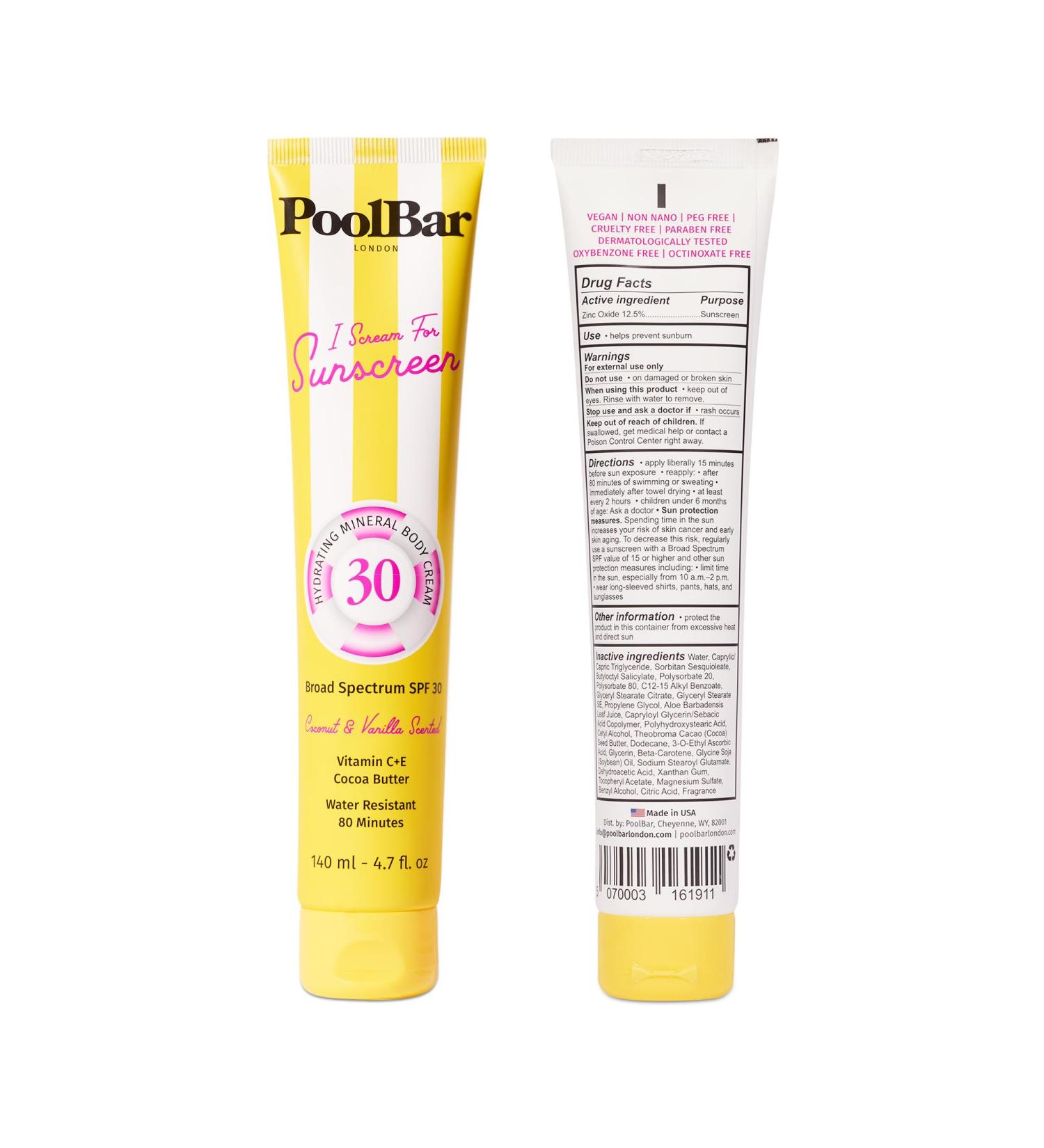 PoolBar SPF 30 Hydrating Mineral Body Sunscreen Cream for Women and Men Skin Care - Coconut Vanilla Scent Sun Care Vegan and Water Resistant Broad Spectrum Sunscreen 140 ml (4.7 Fl. Oz) - Buy Online on GoSupps.com