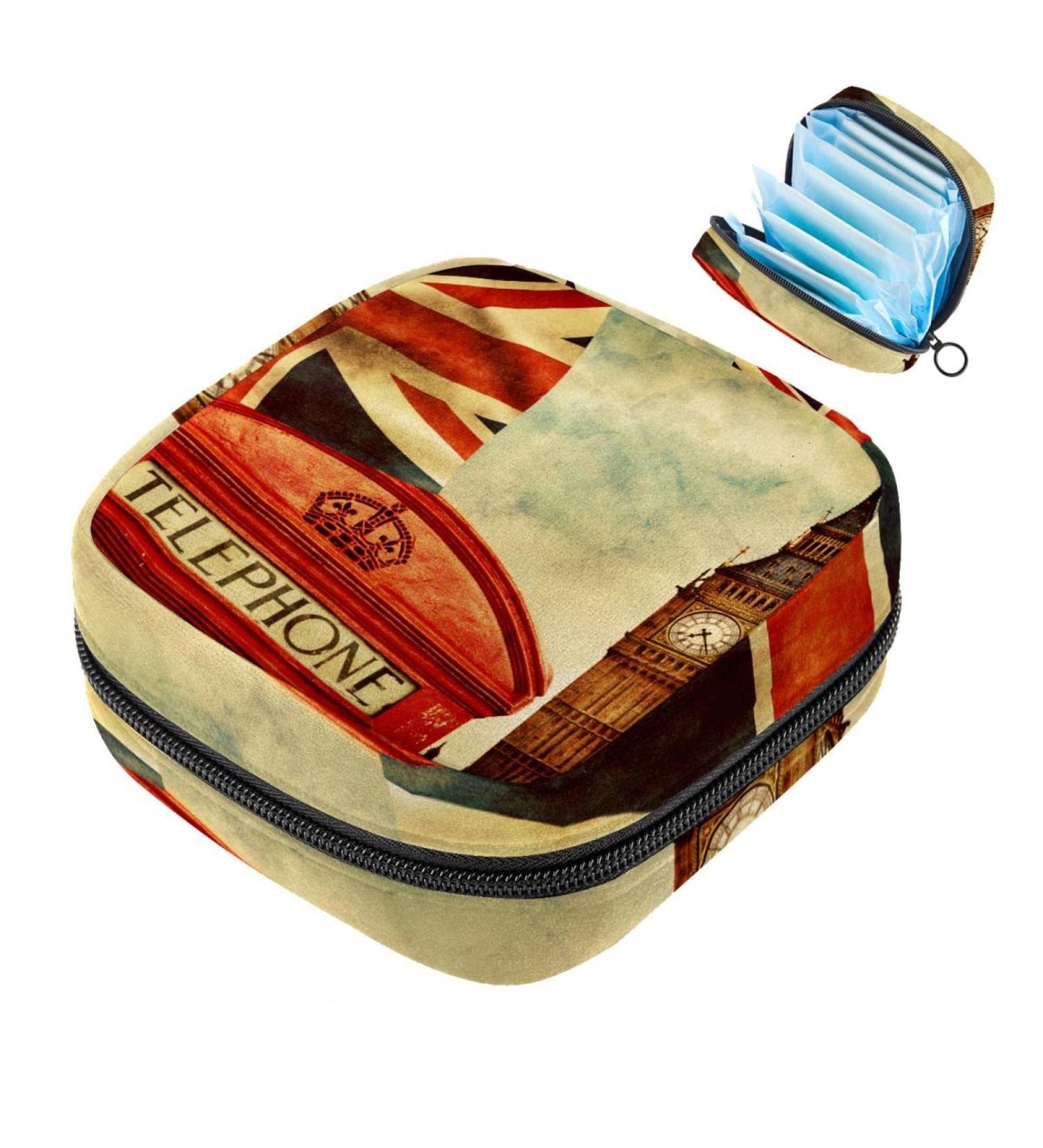 Shop Stylish Menstruation Pad Bag with Zipper | Women's Napkin & Tampon Collecting Bags | Red Telephone Booth Big Ben Union Jack Design - Buy Online on GoSupps.com