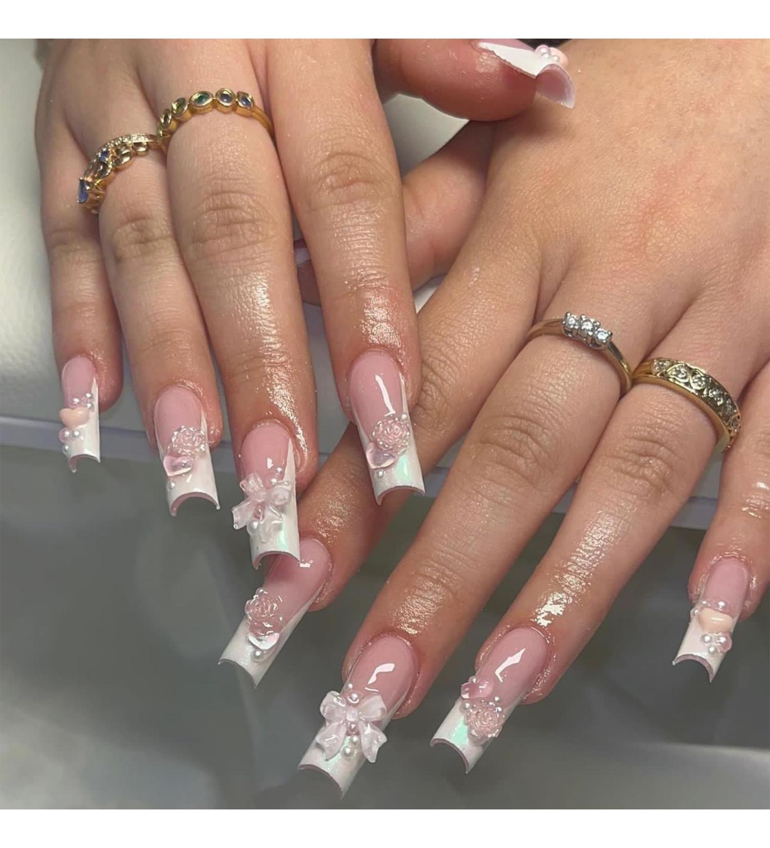 French Tip Press on Nails - Long Press On Nails with Nail Tips Pink flower bowknot Design pearl love heart false nails press on nails Acrylic False Nails Cute Artificial Nails - Buy Online on GoSupps.com