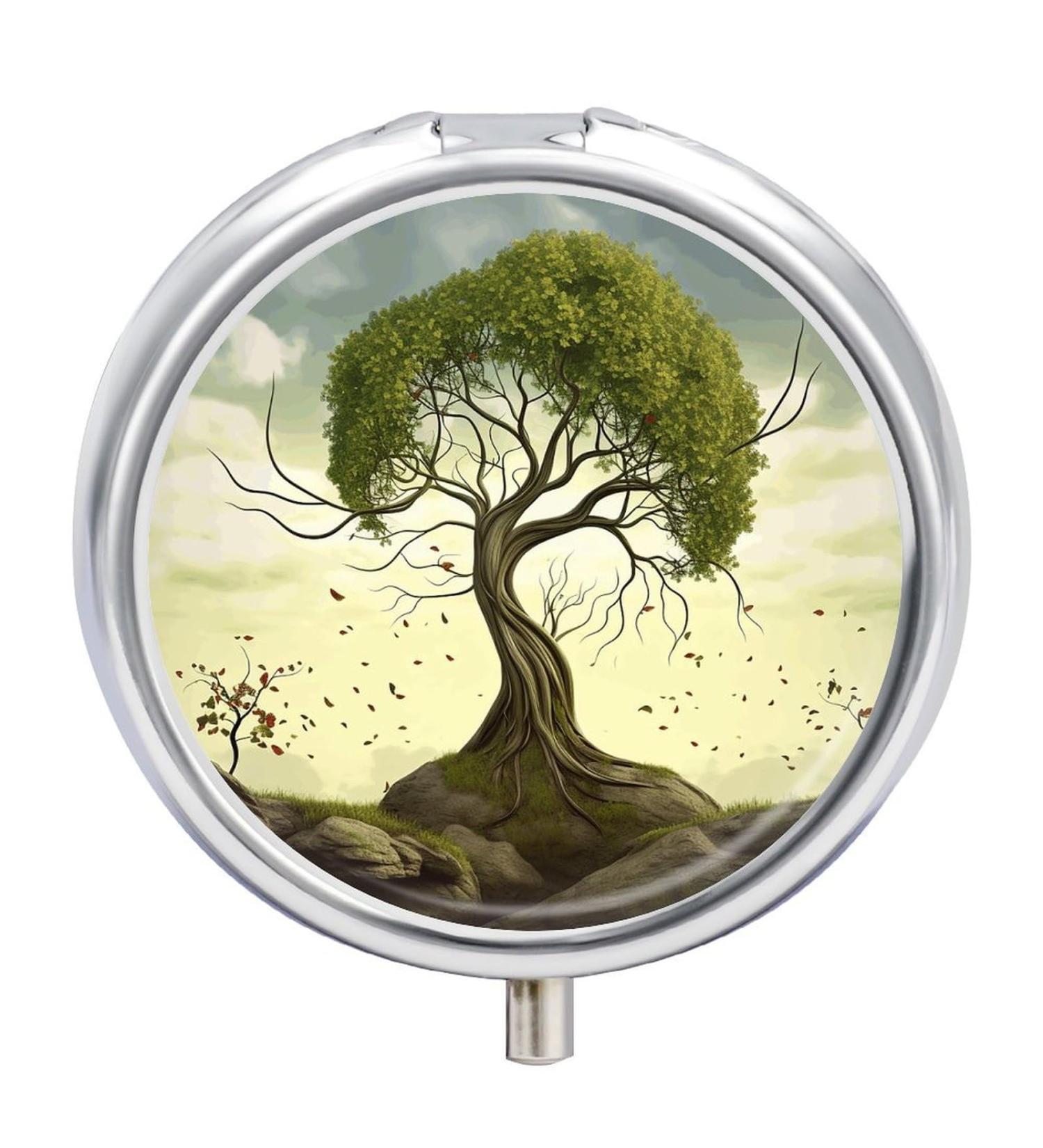 Round Pill Box with Trees Print - 3 Compartment Medicine Organizer - Decorative Metal Portable Pill Case | Style-18 - Buy Online on GoSupps.com