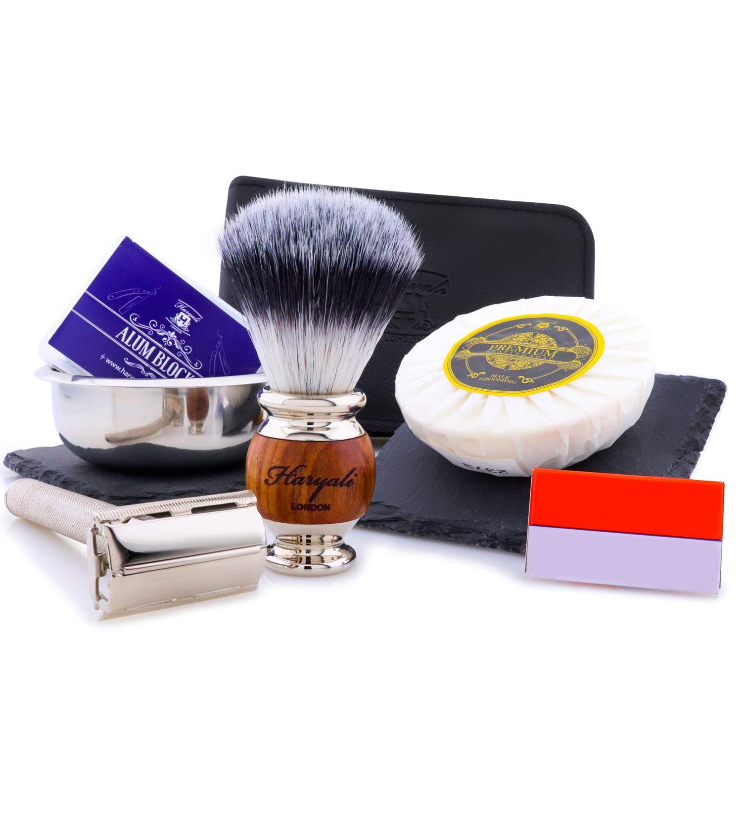 Haryali London Razor Set | Vegan Shaving Brush Soap & Bowl | 6 Wet Razors for Men & Women | Includes Blades & Leather Case - Buy Online on GoSupps.com