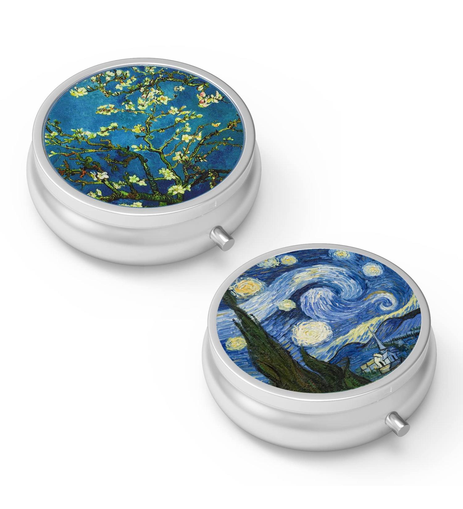 Portable 3-Compartment Pill Box Set - Van Gogh Almond Blossom & Starry Night - Decorative Metal Vitamin Organizer - Ideal Unique Gift (2 Pieces) - Buy Online on GoSupps.com