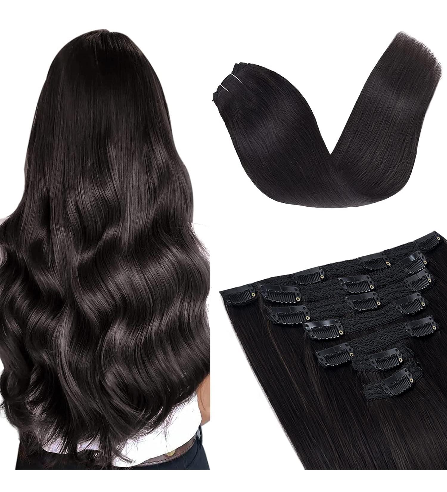 Vlasy Clip in Hair Extensions 16 Inch - Black Brown Human Hair 7 Pcs Seamless Straight Clip in Extensions for Women - Buy Online on GoSupps.com