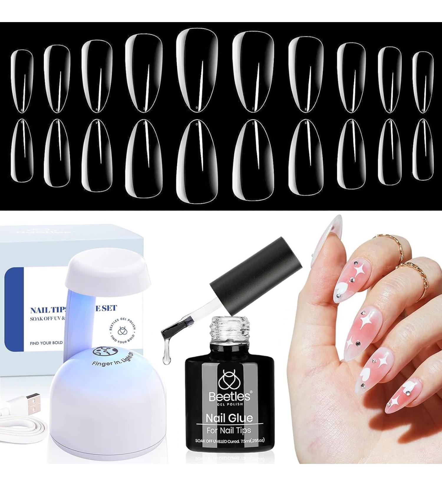 Beetles Gel Nail Kit - 500Pcs Pre-Shaped Almond Soft Gel Nail Tips with Glue, Lamp - DIY Nail Extension Set (Clear Kit) - Buy Online on GoSupps.com