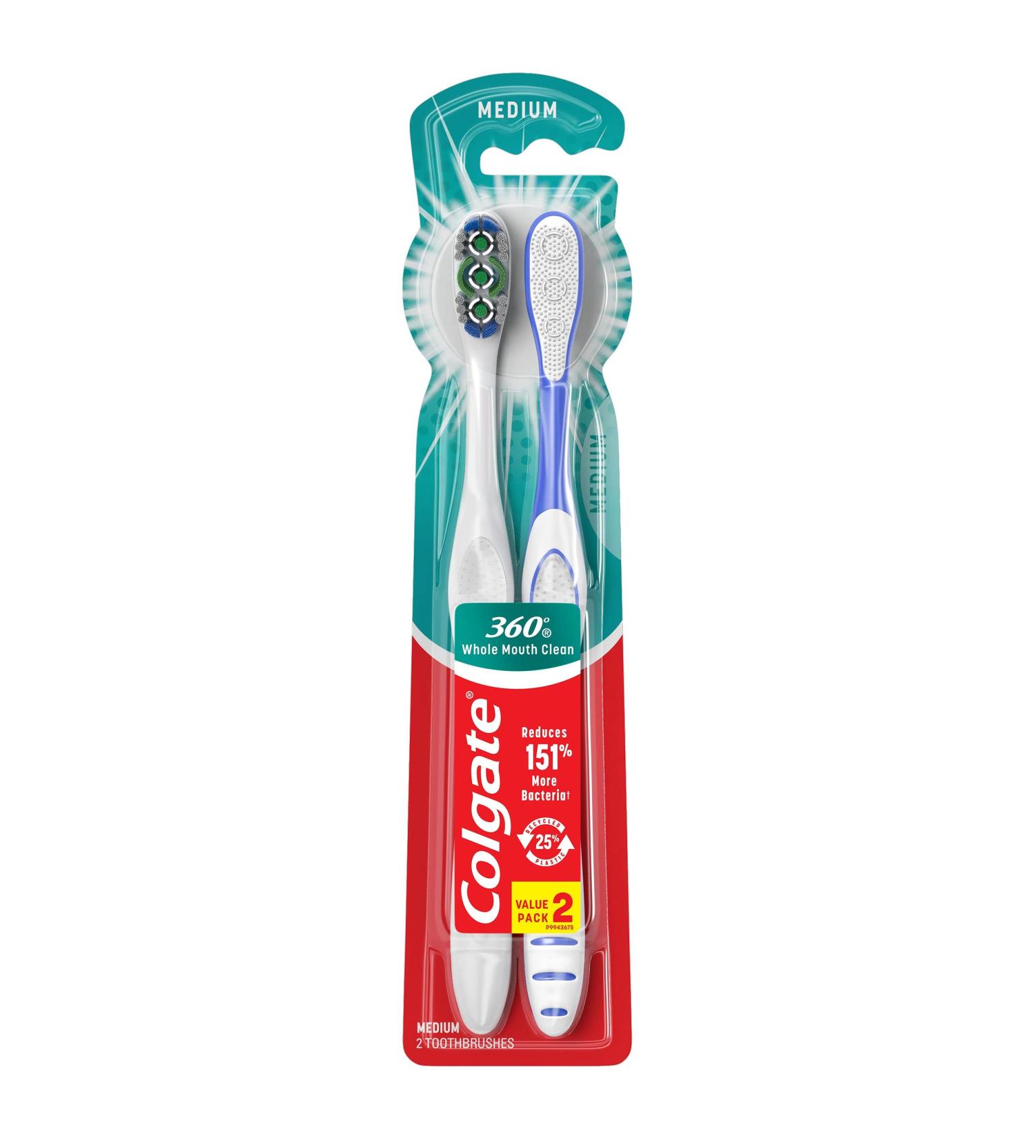 Colgate 360 Toothbrush with Tongue and Cheek Cleaner Medium - 2 Pack - Buy Online on GoSupps.com