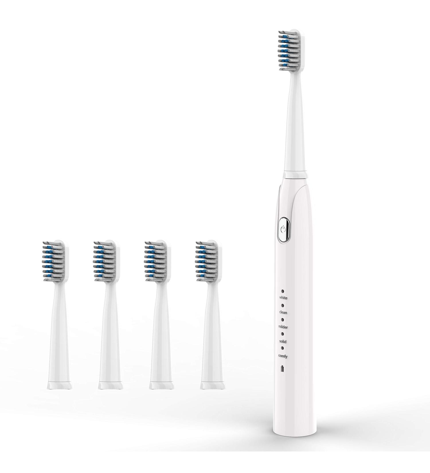 HKF Sonic Electric Toothbrush - USB Rechargeable with 40 Days Use, Smart Timer, 5 Modes & 4 Brush Heads - White - Buy Online on GoSupps.com