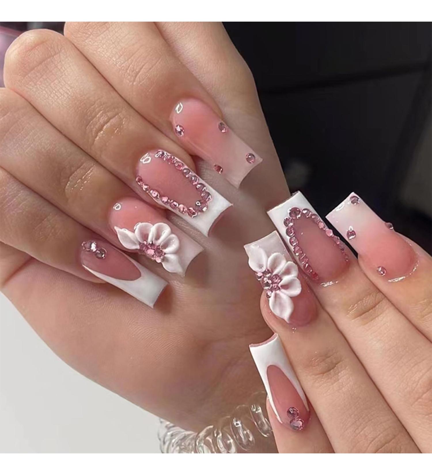 24pcs Medium Coffin False Nails French White Tip Stick on Nails Square Press on Nails with Flower Rhinestones Removable Glue-on Nails Full Cover Fake Nails Women Girls Nail Art Accessories 0267Y45 - Buy Online on GoSupps.com