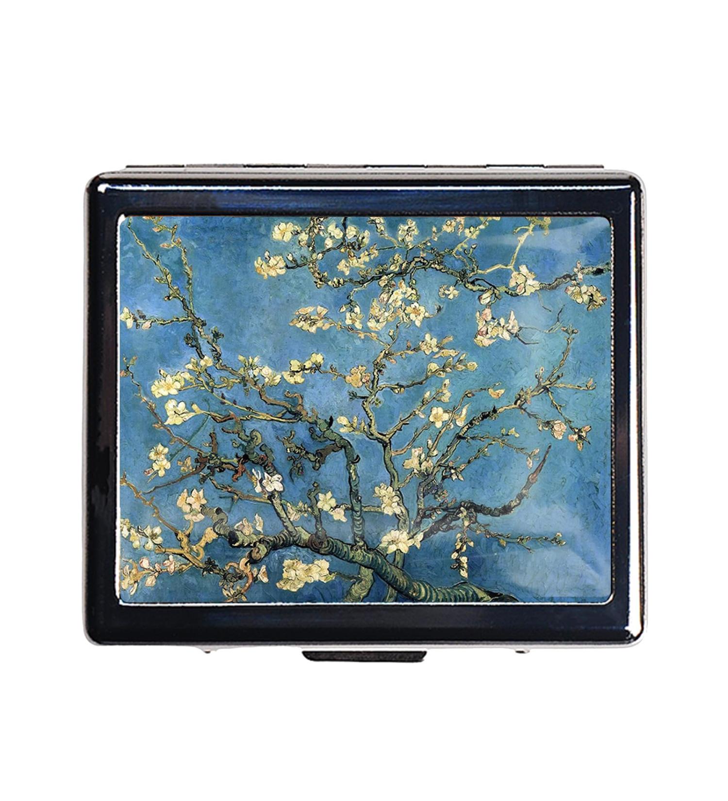 Silver Vintage Pill Box - 7 Day Metal Organizer with Mirror & 8 Compartments | Cute Travel Pillbox for Purse - Art Almond Blossoms - Buy Online on GoSupps.com
