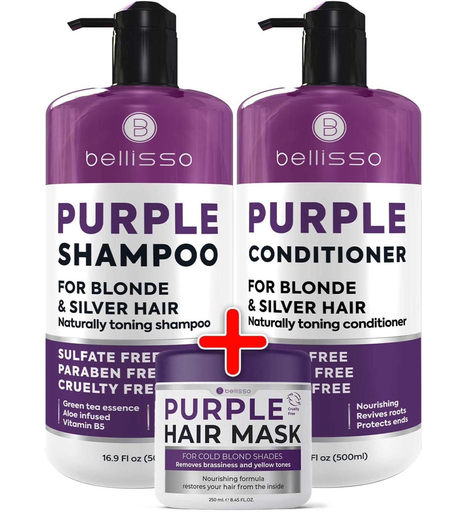 BELLISSO Purple Shampoo, Conditioner & Hair Mask Set - Sulfate-Free Salon Grade Formula for Platinum, Silver & Grey Hair - Hydrating Toner for Shimmer Correction - Buy Online on GoSupps.com