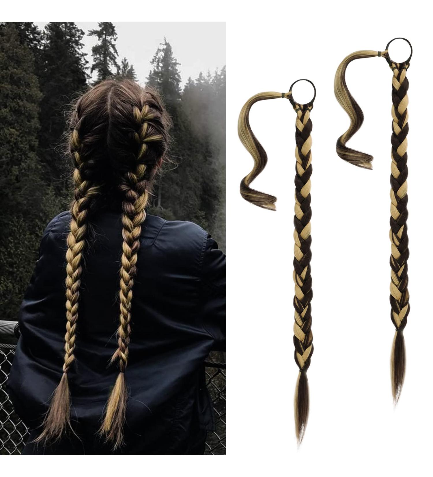 BARSDAR 76cm Long Braided Ponytail Extensions - 2PCs Rubber Straight Hair Extensions for Women | DIY Natural Soft Synthetic Hair in Blond & Medium Brown - Buy Online on GoSupps.com
