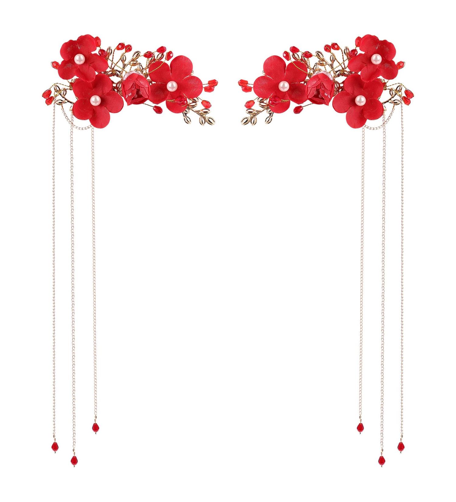 Beaupretty Bridal Tassel Hairpins | Flower Pearl Rhinestone Chinese Style Hair Clip | Wedding Hair Accessories - Red - Buy Online on GoSupps.com