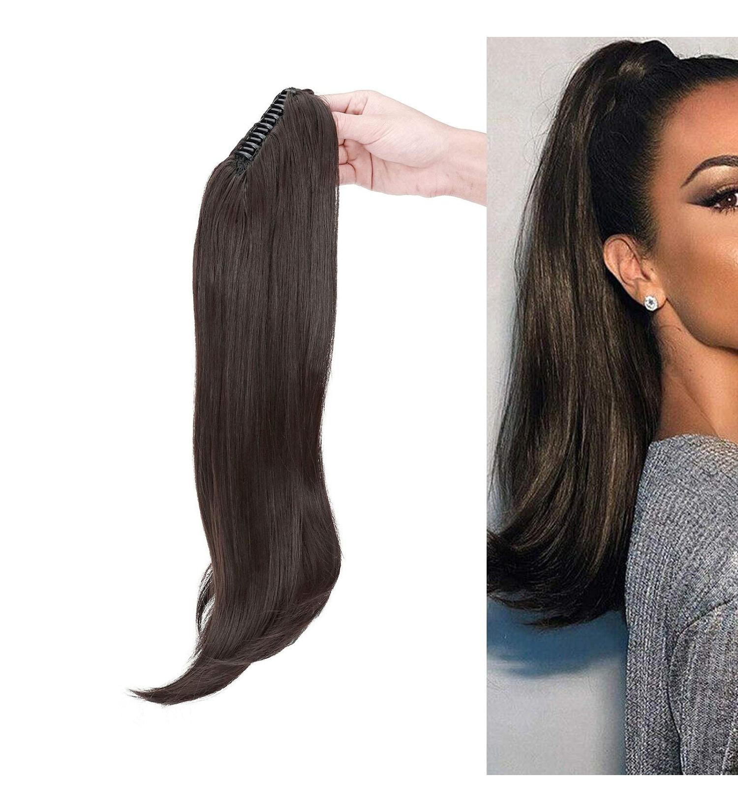 55 cm Curly Clip-in Ponytail Extensions | Wavy Synthetic Hair for Women - Dark Brown - Buy Online on GoSupps.com
