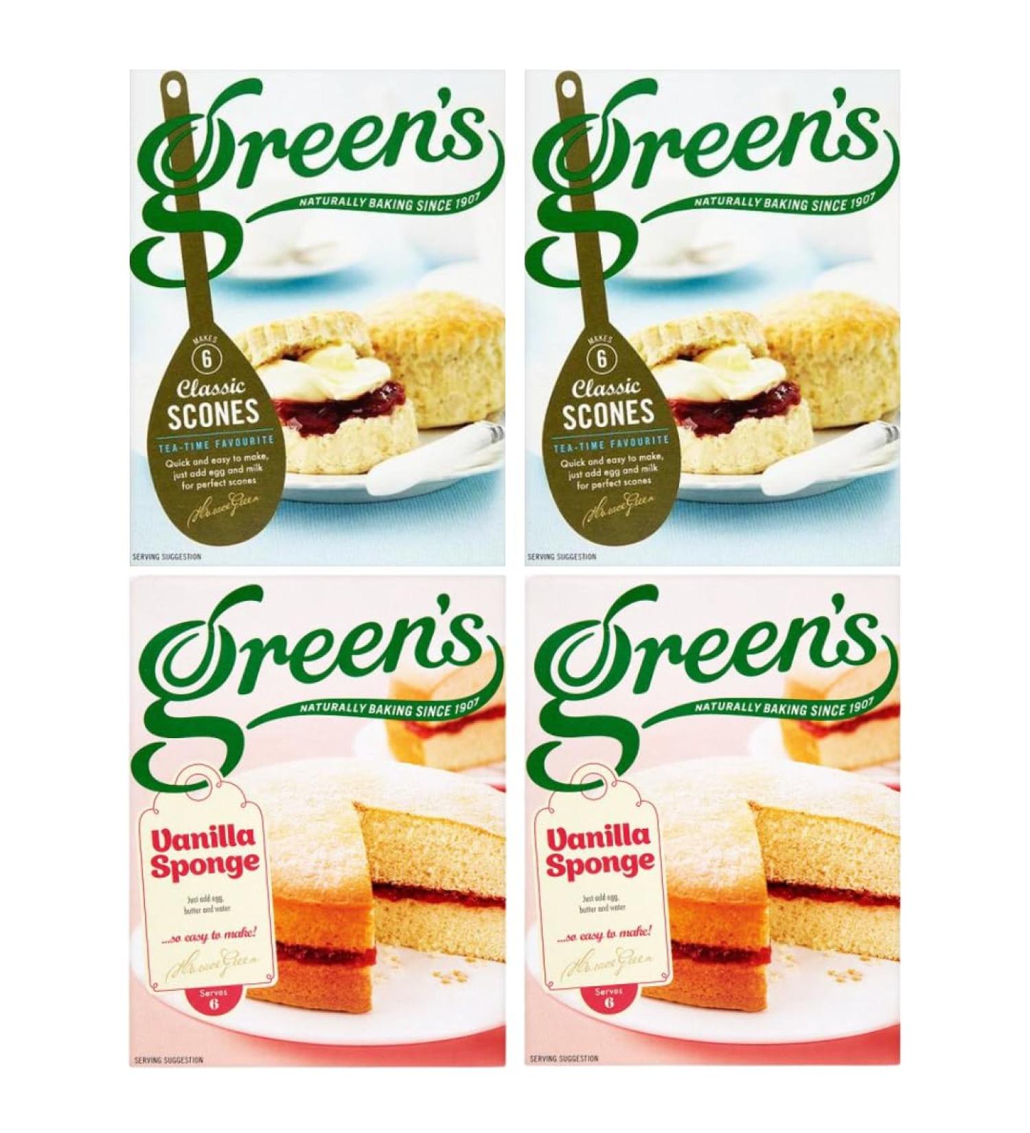 Cake Mix Bundle With Green's Classic Scone Mix 280g x2 and Vanilla Sponge Mix 221g x2 (4 Pack)