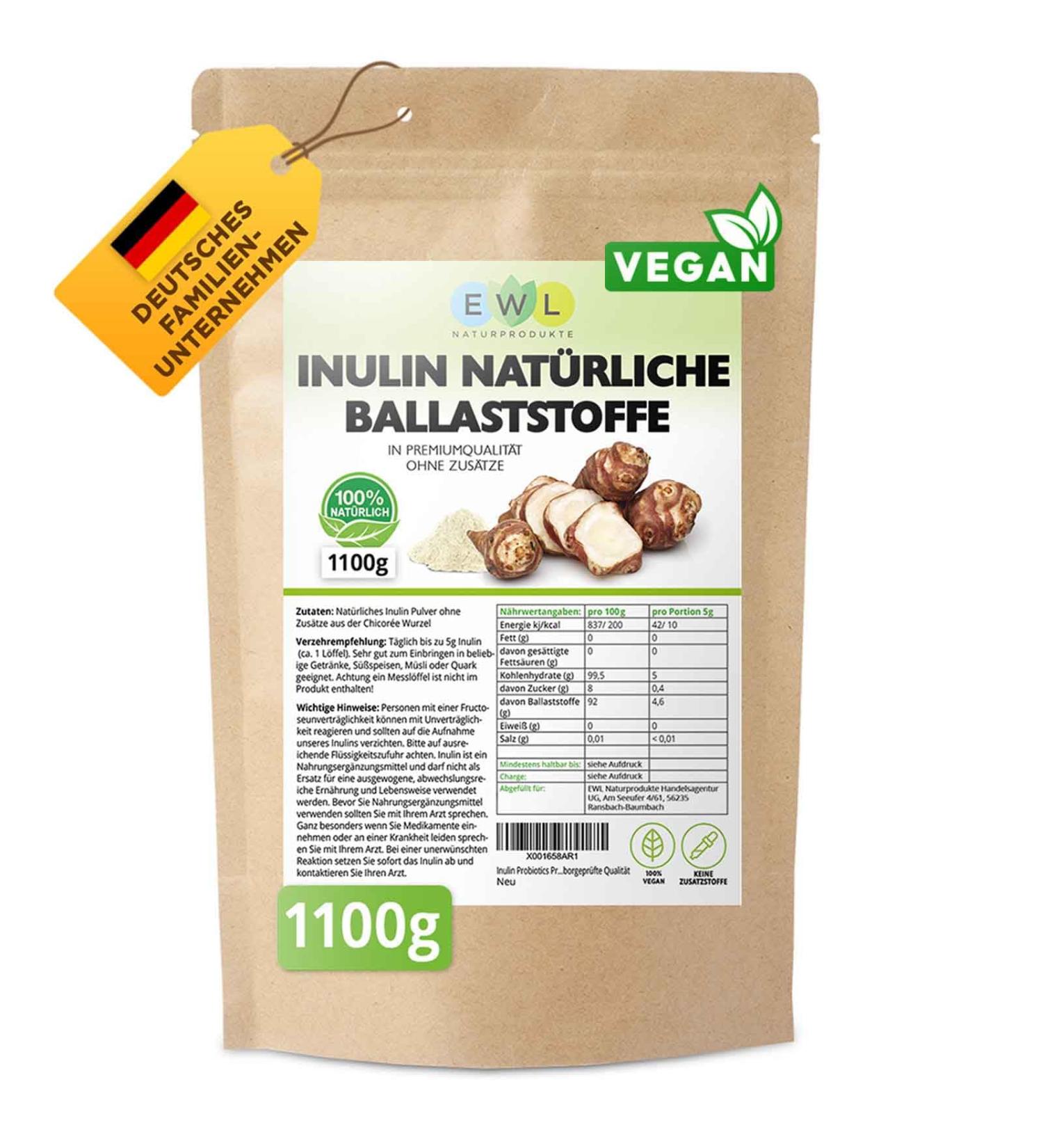 EWL Natural Inulin Powder - 1100G Chicory Root Fiber | Lab-Tested Quality | 220 Portions | Germany Controlled - Buy Online on GoSupps.com