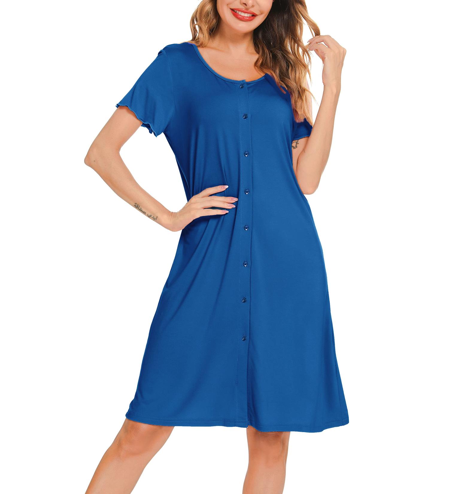 Lovasy Women's Soft Cobalt Blue Nightdress with Pockets - Buy Online on GoSupps.com