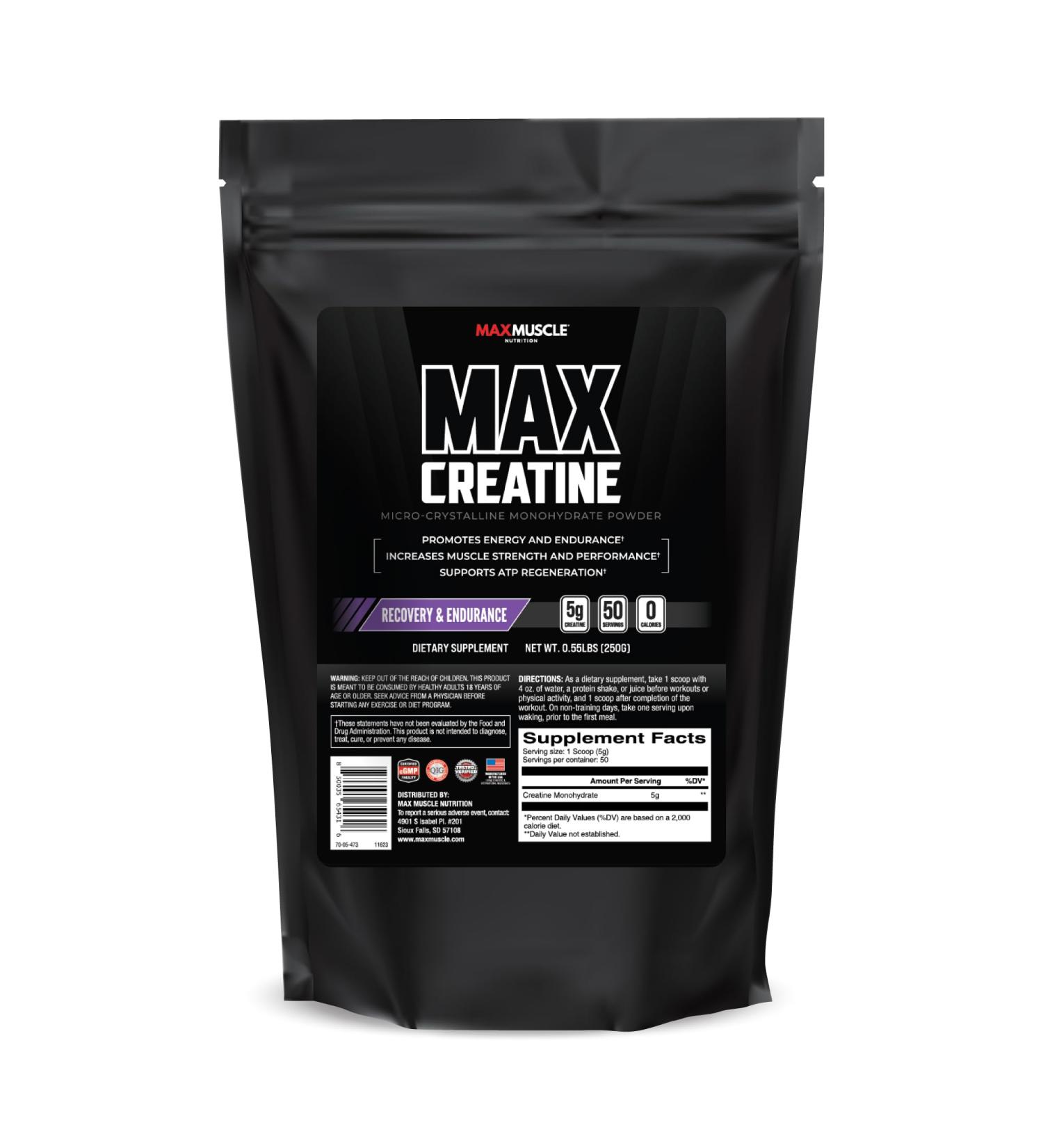 Max Muscle Ultra Pure Creatine Monohydrate Powder - 5000 mg 3rd Party Tested Micronized Unflavored Keto Friendly 50 Servings 8.8 Ounces - Optimize Performance & Absorption - Buy Online on GoSupps.com