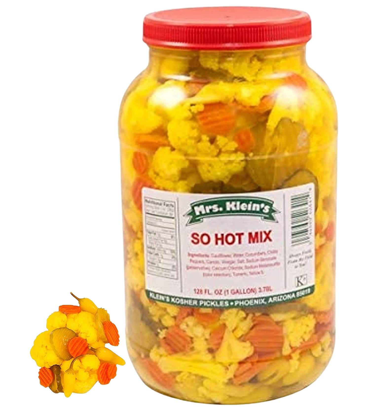 HOT MIX Vegan Snack Pack - Spicy Pickled Cauliflower, Carrots, Pickles & Yellow Chilis - 1 Gallon (128 Fl Oz) - Buy Online on GoSupps.com