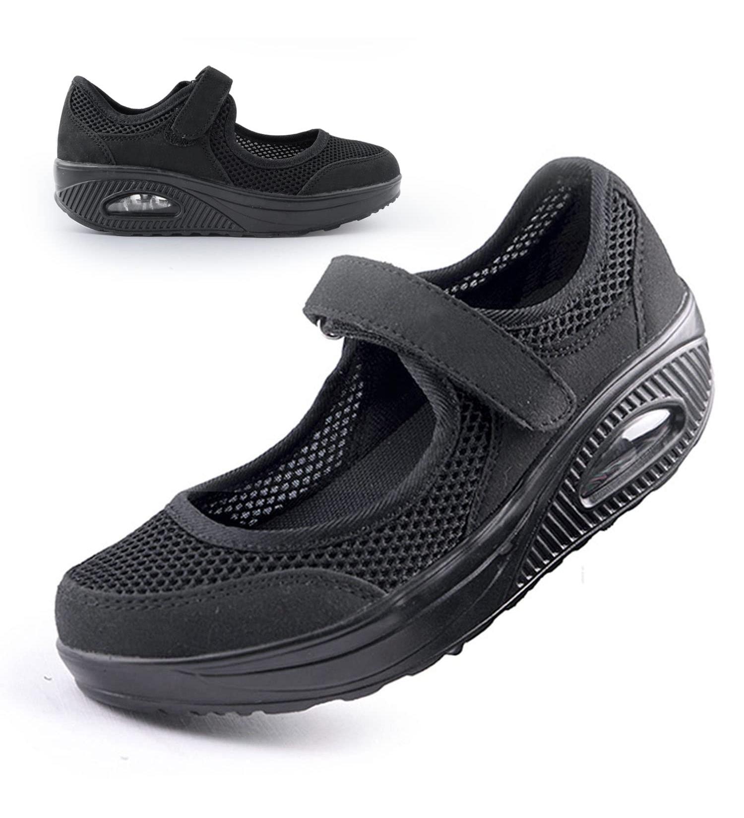 Womens Mesh Nurse Shoes - Non-Slip Adjustable Mary Janes Sneaker for Arthritis & Plantar Fasciitis - Lightweight Orthotic Wedges for Fitness - Black - Buy Online on GoSupps.com