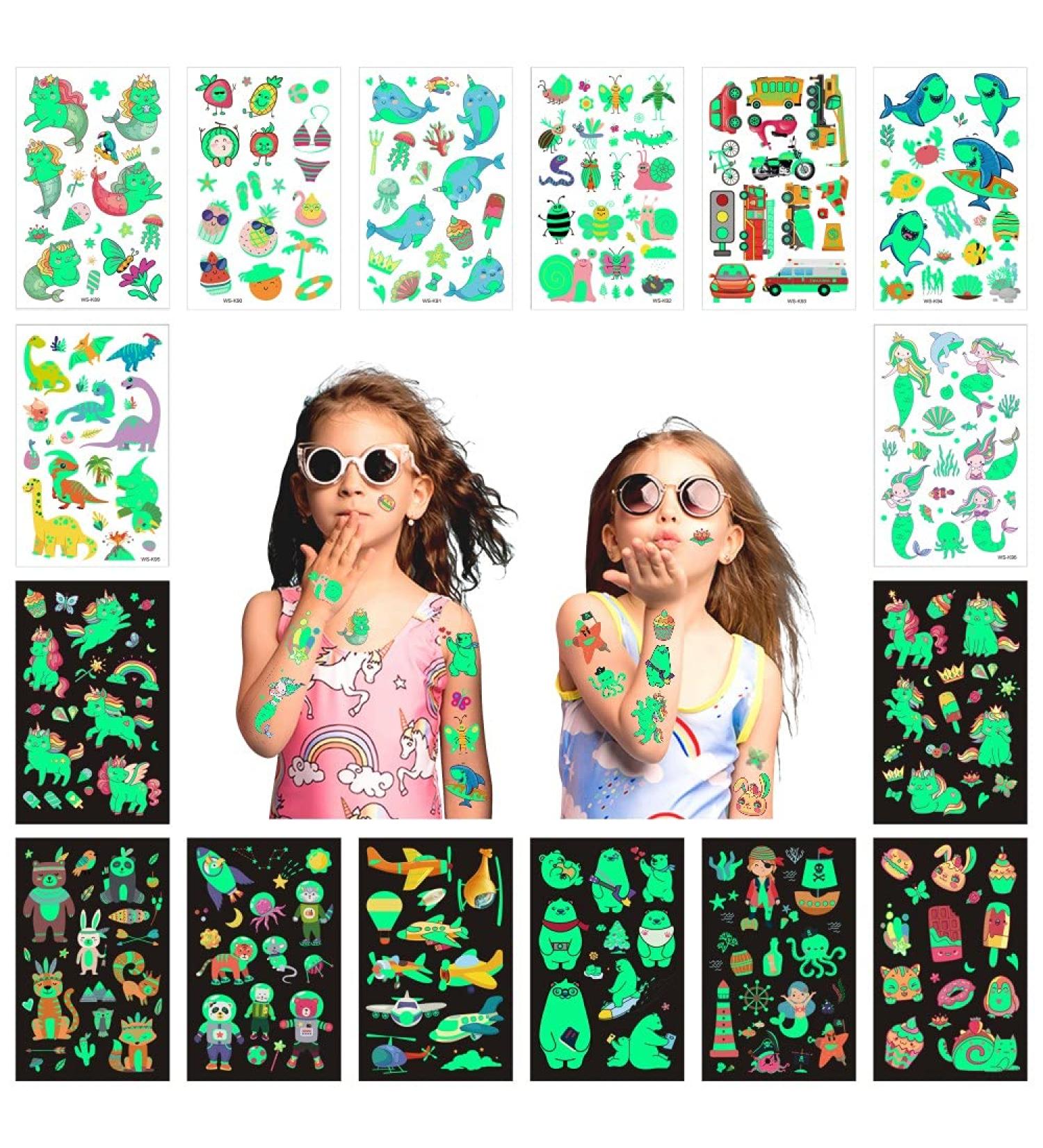 Glow Temporary Tattoos for Kids - 210pcs Luminous Tattoo Stickers in Mixed Styles - Unicorn, Dinosaur, Pirate, Mermaid - 16 Sheets - Party Supplies & Gifts for Children - Buy Online on GoSupps.com