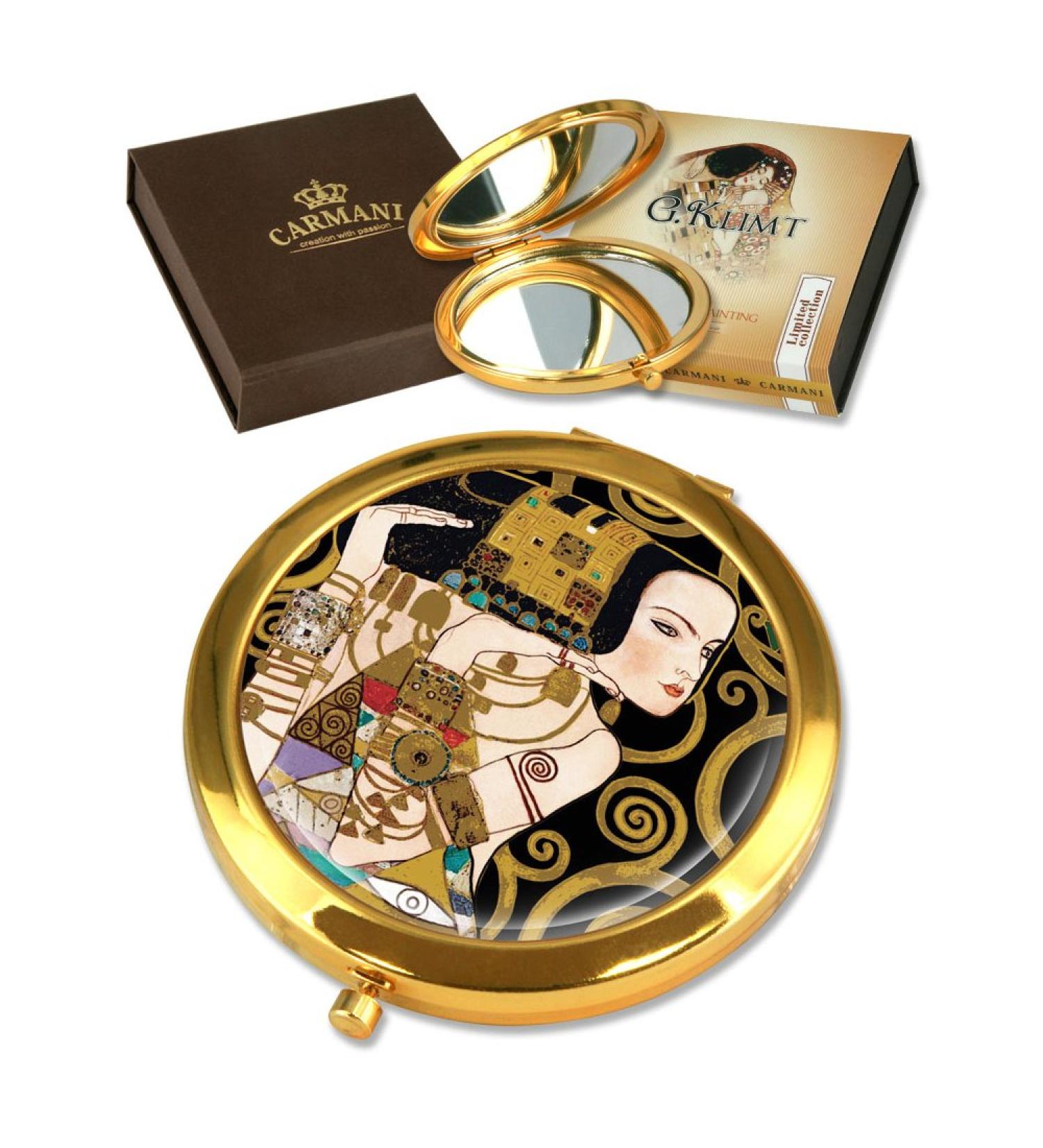 CARMANI Gustav Klimt 'Expectation' Pocket Mirror Gold Plated Bronze Make-up Compact Travel Mirror