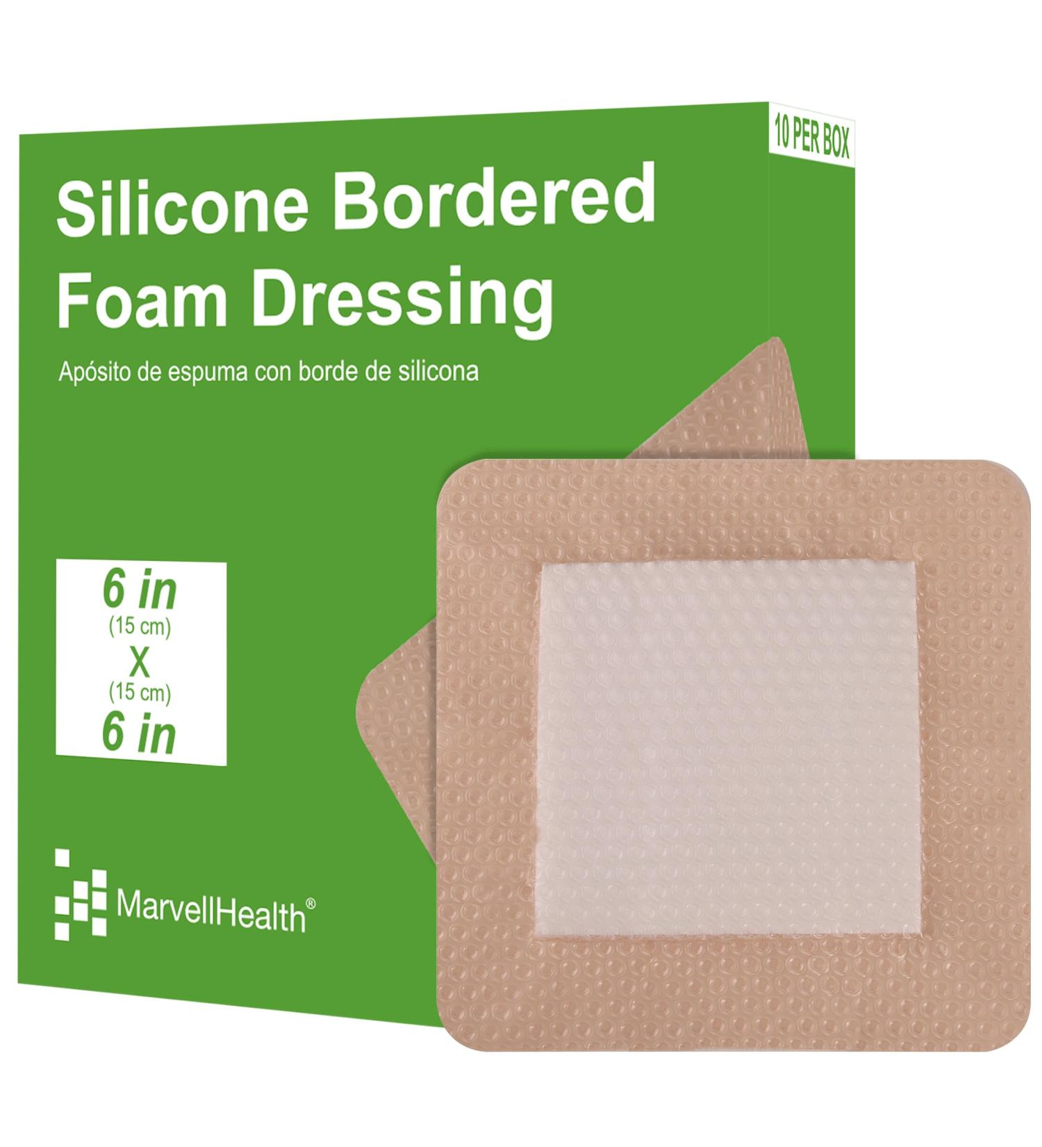 Silicone Bordered Foam Dressing 6x6 - Pack of 10 Sterile Pads | Gentle Adhesive Water Resistant & Highly Absorbent for Pressure Ulcers - Buy Online on GoSupps.com