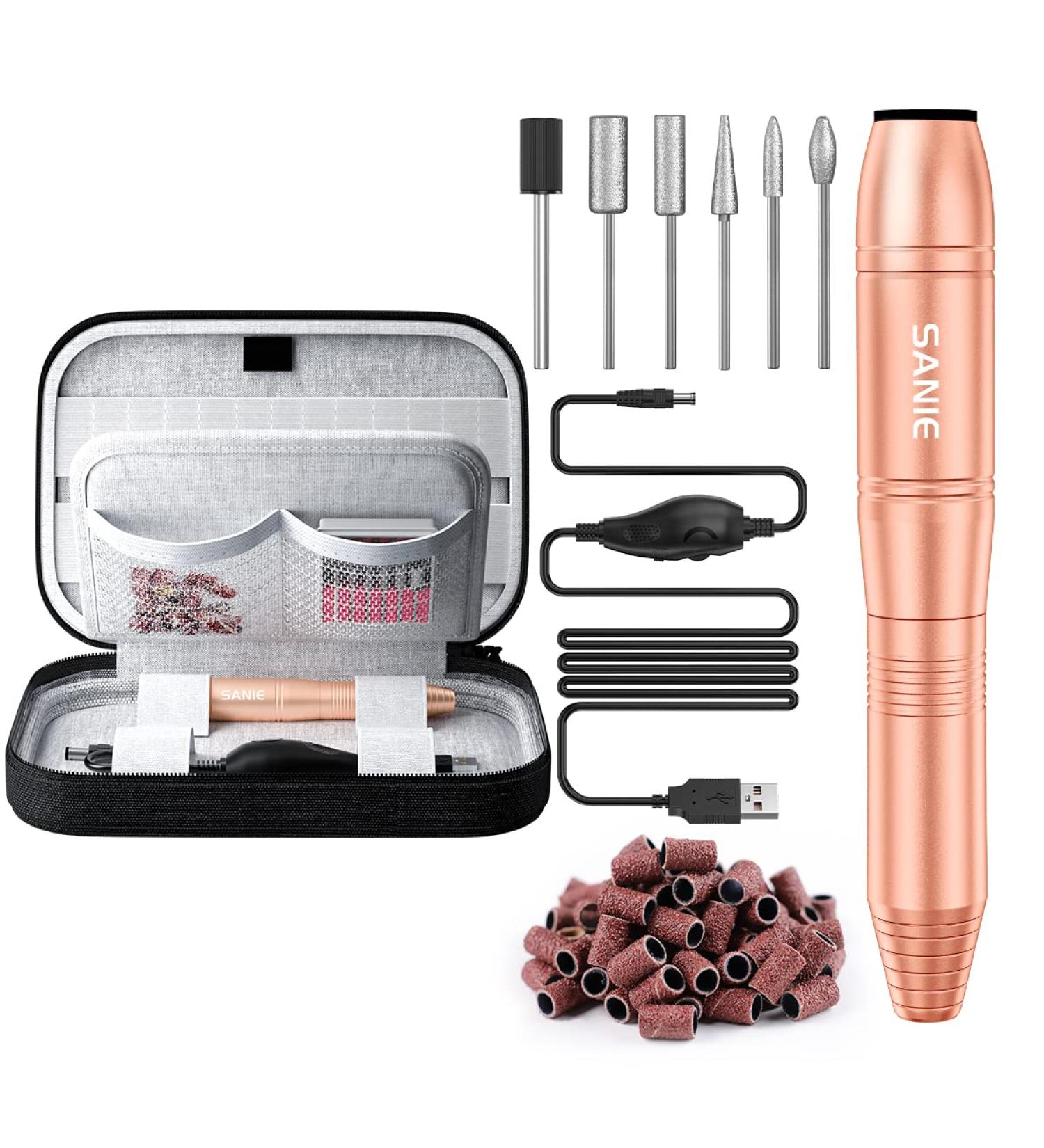 Sanie Electric Nail Drill Kit with Organizer Case - Portable Professional Nail File Set for Acrylic Nails, Polish, Manicure - USB Nail Filer for Salon and Home Use in Gold - Buy Online on GoSupps.com