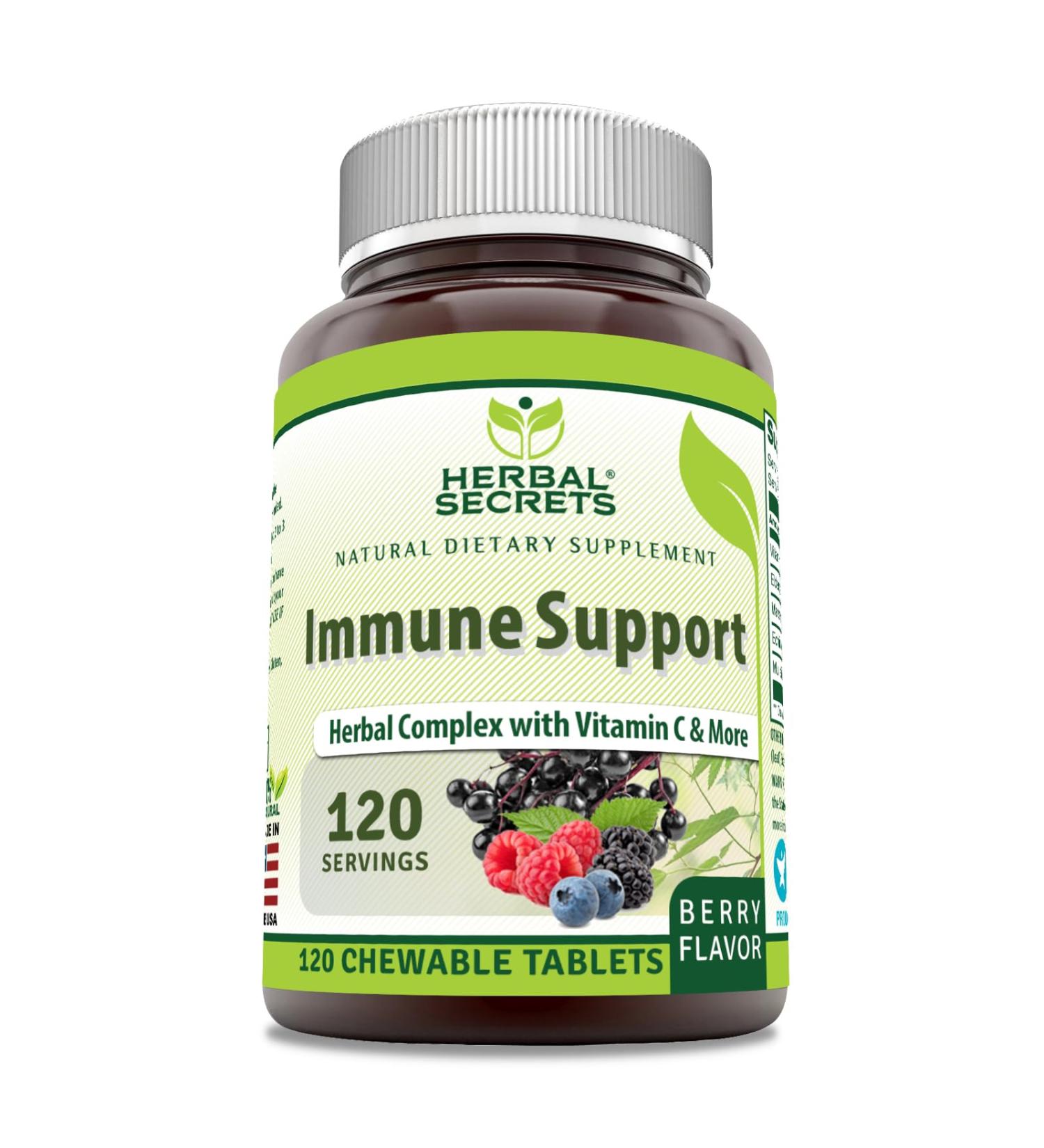 Herbal Secrets Immune Support with Vitamin C & Elderberry | Berry Flavor Chewable Tablets | 120 Count | Non-GMO | Glute-Free | Made in USA