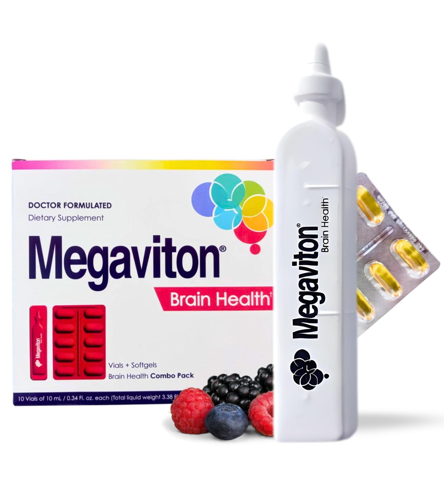 Megaviton Brian Health Complete 3-in-1 Formula in 5 Liquid vials and 10 softgels offering Daily Support for Cognitive Function Mental Clarity and Nervous System Health. - Buy Online on GoSupps.com