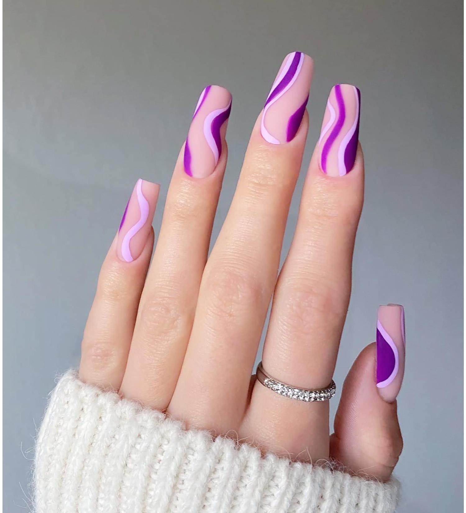 24 Pcs Purple Swirl Coffin Press-On Nails with Glue - Long Matte False Nails for Women and Girls - Buy Online on GoSupps.com