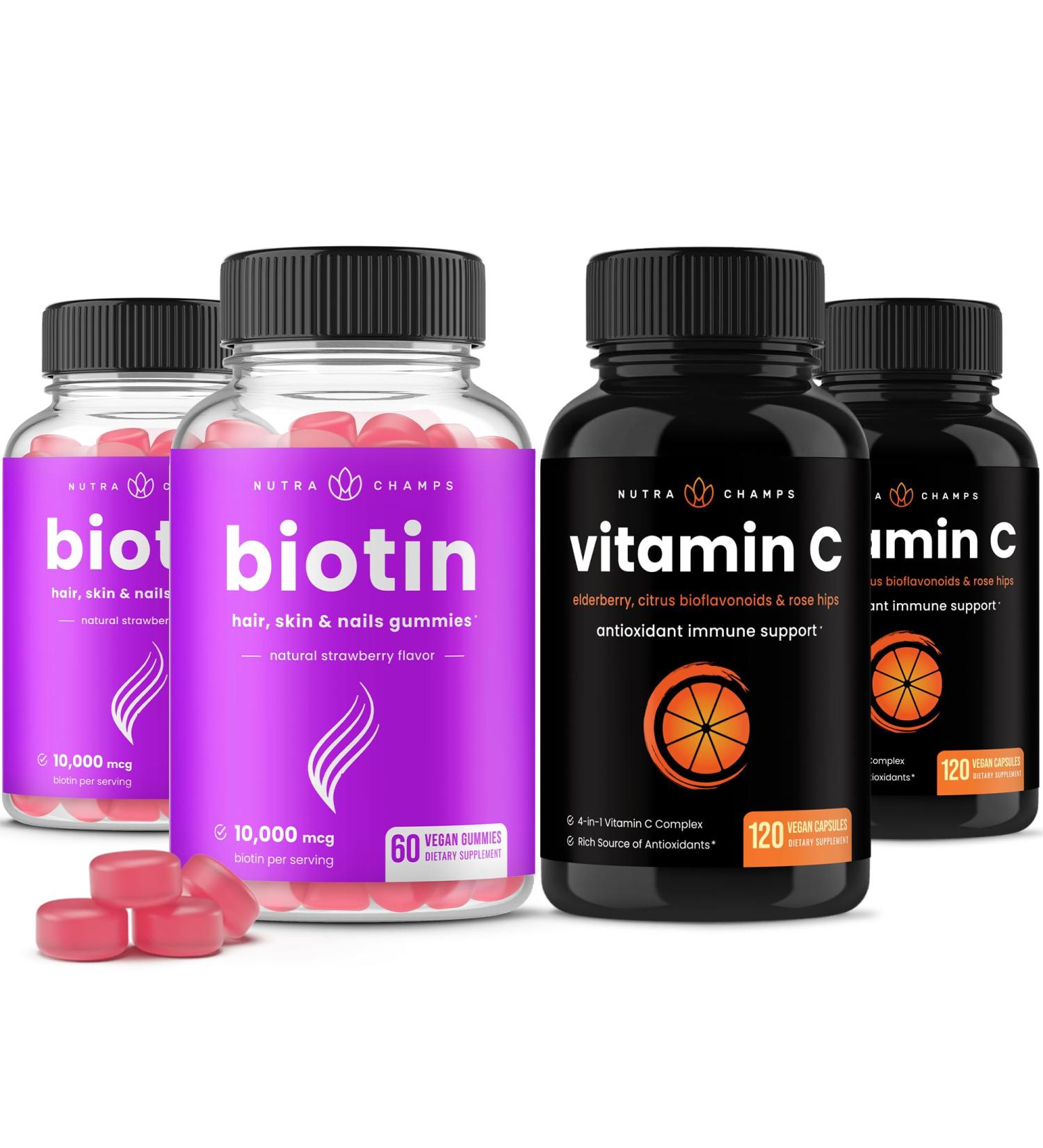 NutraChamps Biotin Gummies (2 Pack) and Vitamin C Capsules (2 Pack) 4 Pack Bundle - Buy Online on GoSupps.com