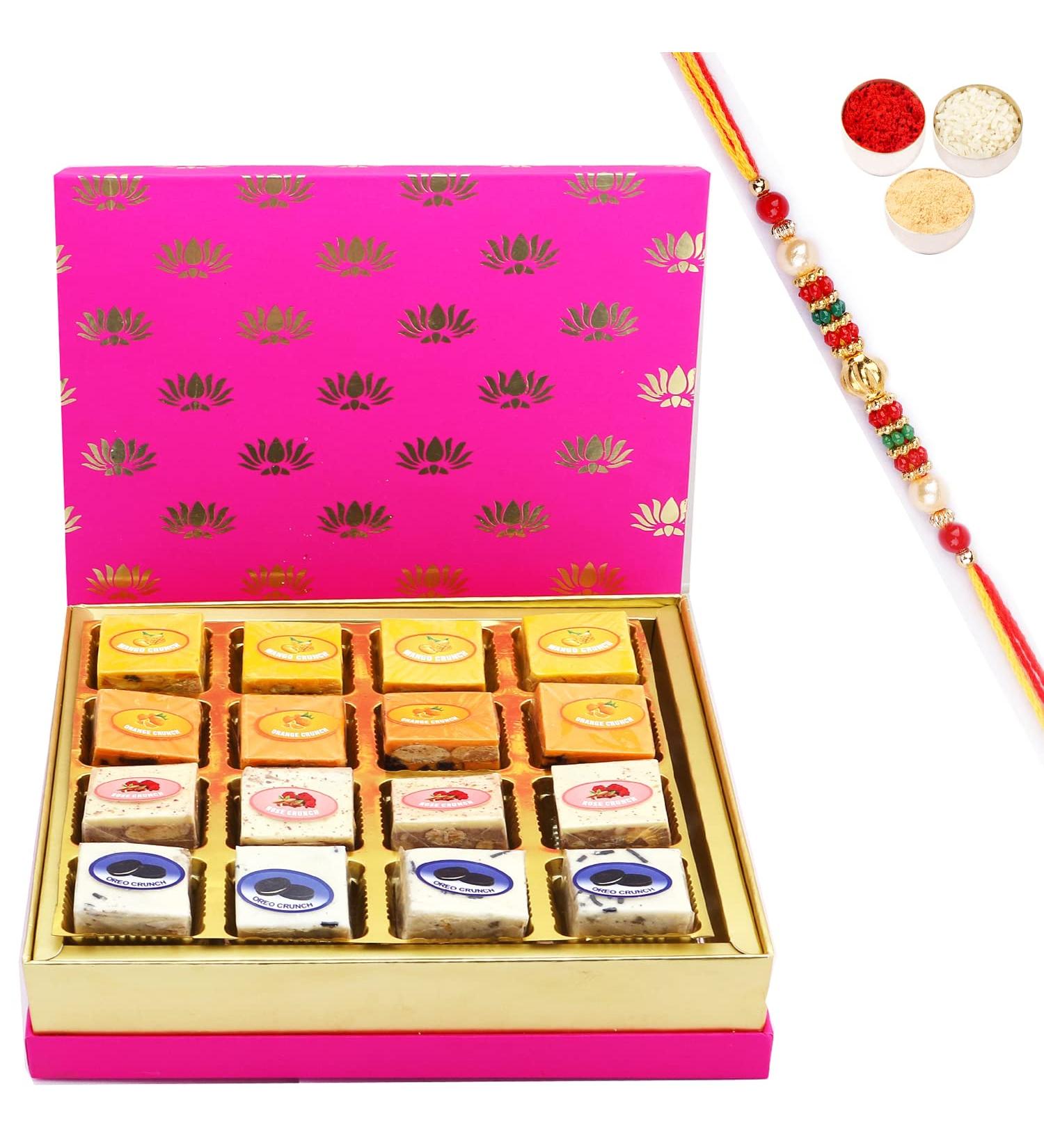 Ghasitaram Gifts Rakhi Gifts for Brothers Festive Pink Chocolate Dryfruit Bites with Pearl Beads Rakhi - Buy Online on GoSupps.com