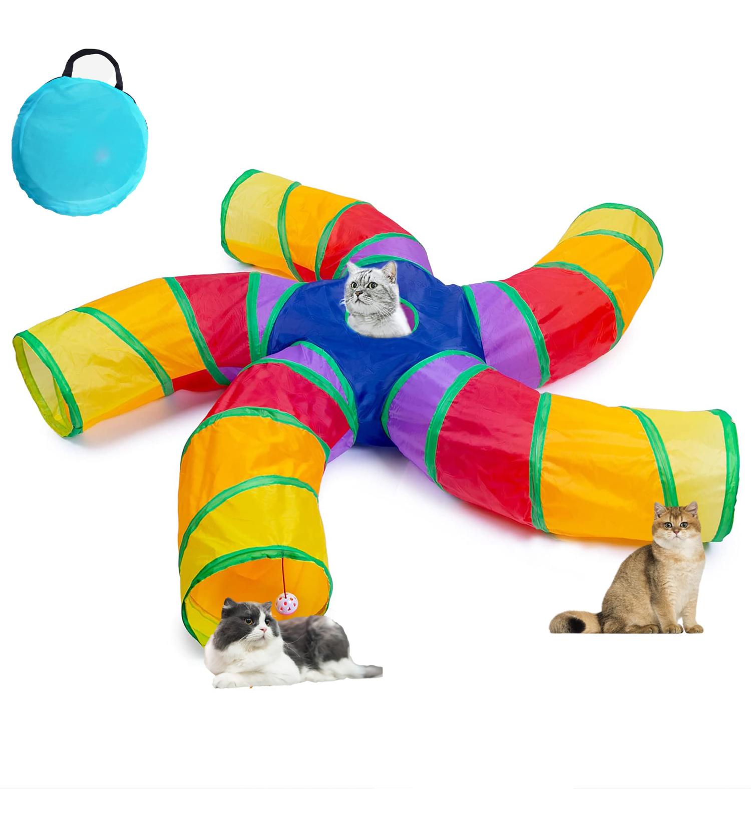 DeeNiner Colorful Cat Tunnel for Indoor Cats - Large 5 Way Collapsible Interactive Peek Hole Tube Toy with Play Ball - Rainbow S-Shape Design - Buy Online on GoSupps.com