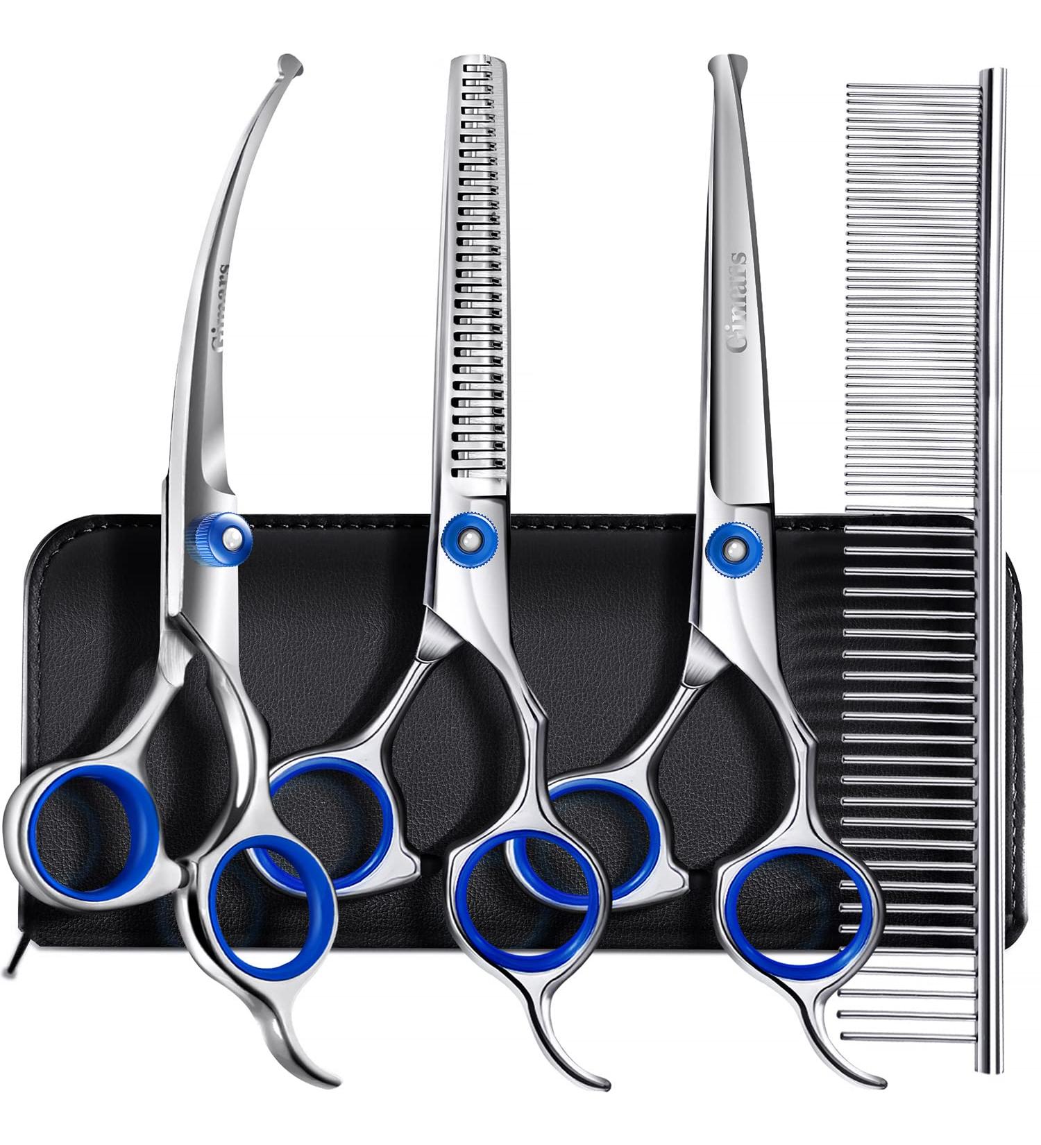 Gimars 5 in 1 Professional Dog Grooming Scissors Kit - Titanium Coated Straight, Thinning, Curved Shears & Comb Set with Safety Round Tip - Heavy Duty, 4CR Material, Blue Color - Buy Online on GoSupps.com