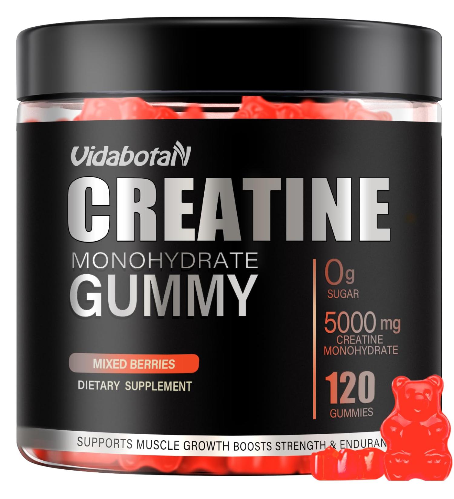 Sugar Free Creatine Monohydrate Gummies 5000mg - Vegan Muscle Growth Chewables with L-Taurine & B Vitamins Natural Mixed Berry Flavor 120 Count - Buy Online on GoSupps.com