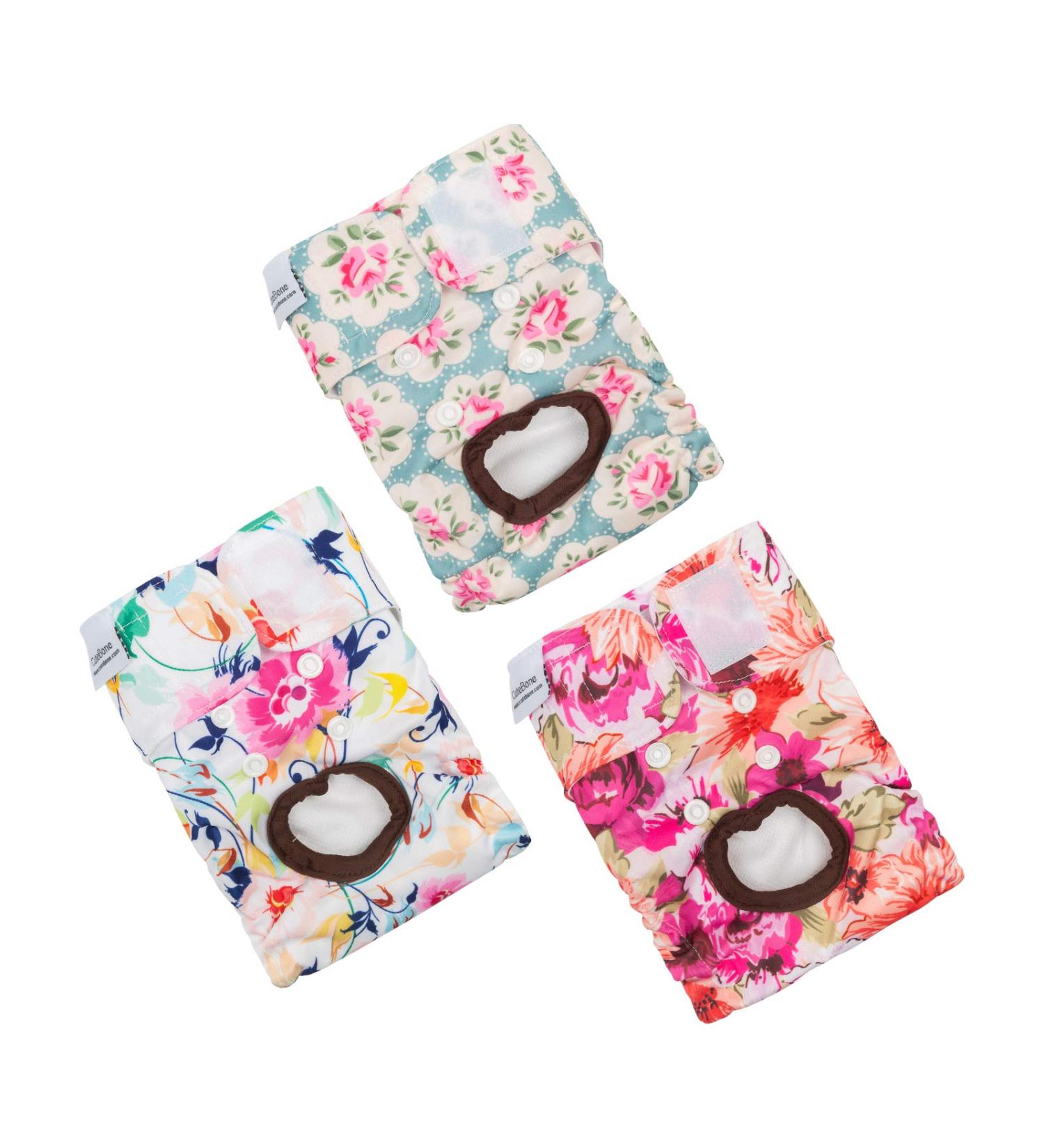CuteBone Reusable Dog Diapers Female 3 Pack - Washable Puppy Pants for Heat Period - Floral Design - Set of 3 - Buy Online on GoSupps.com