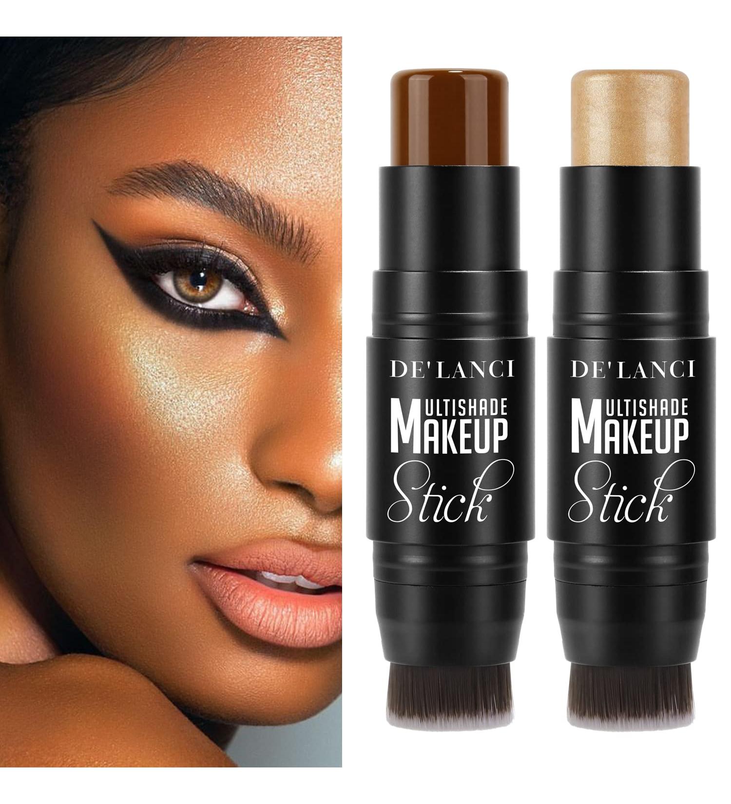 DE LANCI Contour Highlighter Stick Kit for Brown, Dark, Black Skin Tone - 2 PCS Cream Sticks with Brush - Face Illuminator & Bronzer - Moisturizing Shade Makeup - Buy Online on GoSupps.com