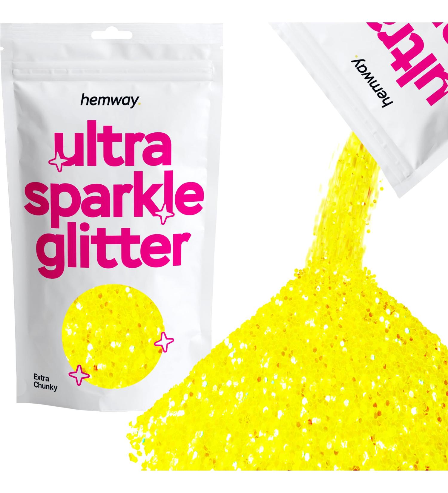 Hemway Premium Ultra Sparkle Fluorescent Yellow Glitter | Extra Chunky Metallic Flake for Arts Cosmetics Resin & Festivals - 100g - Buy Online on GoSupps.com