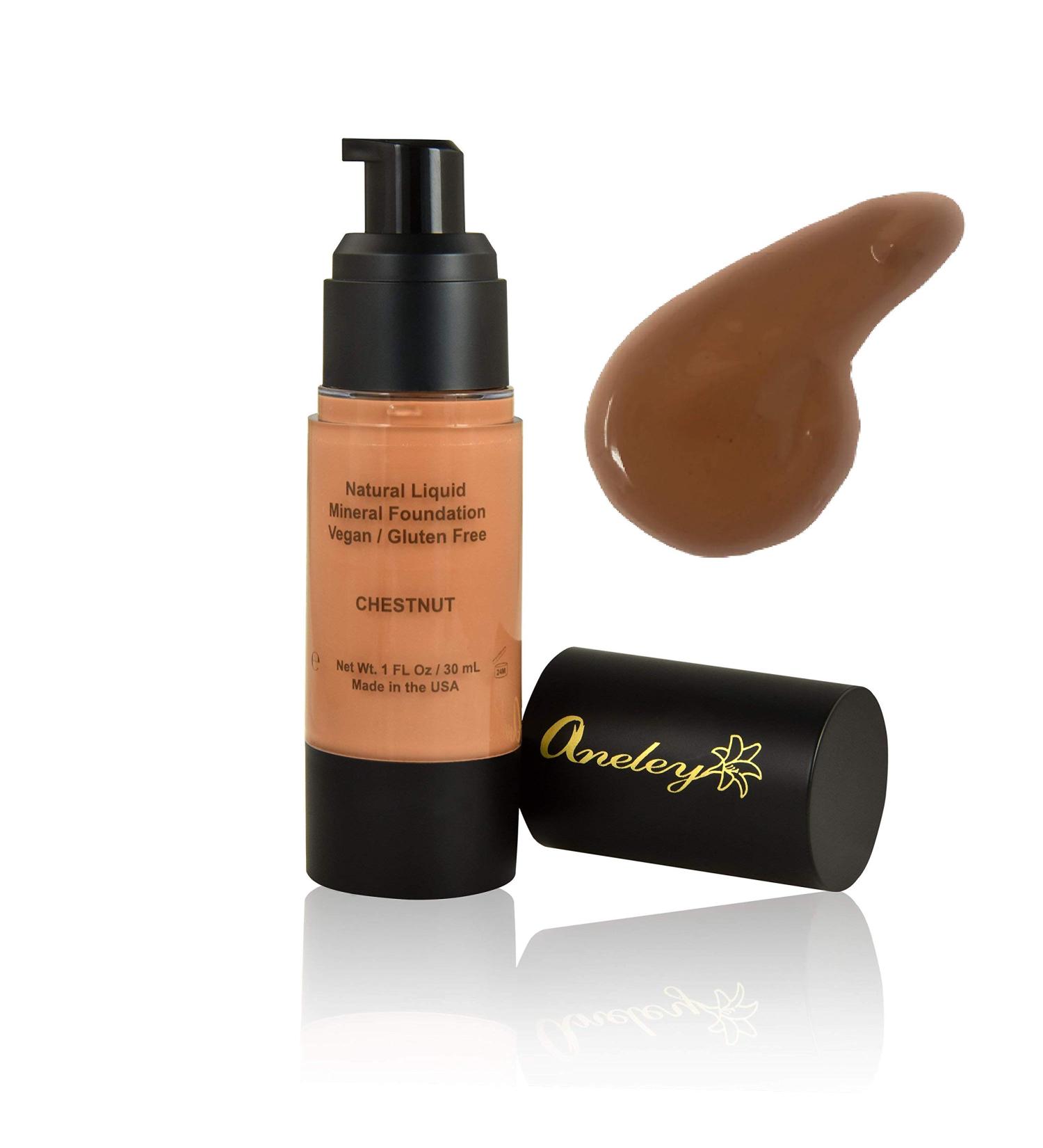 liquid mineral foundation organic natural vegan cruelty free chemical free full coverage aloe base highly pigmented lightweight formula acts as a moisturizer sunblock and skin care (Chestnut)